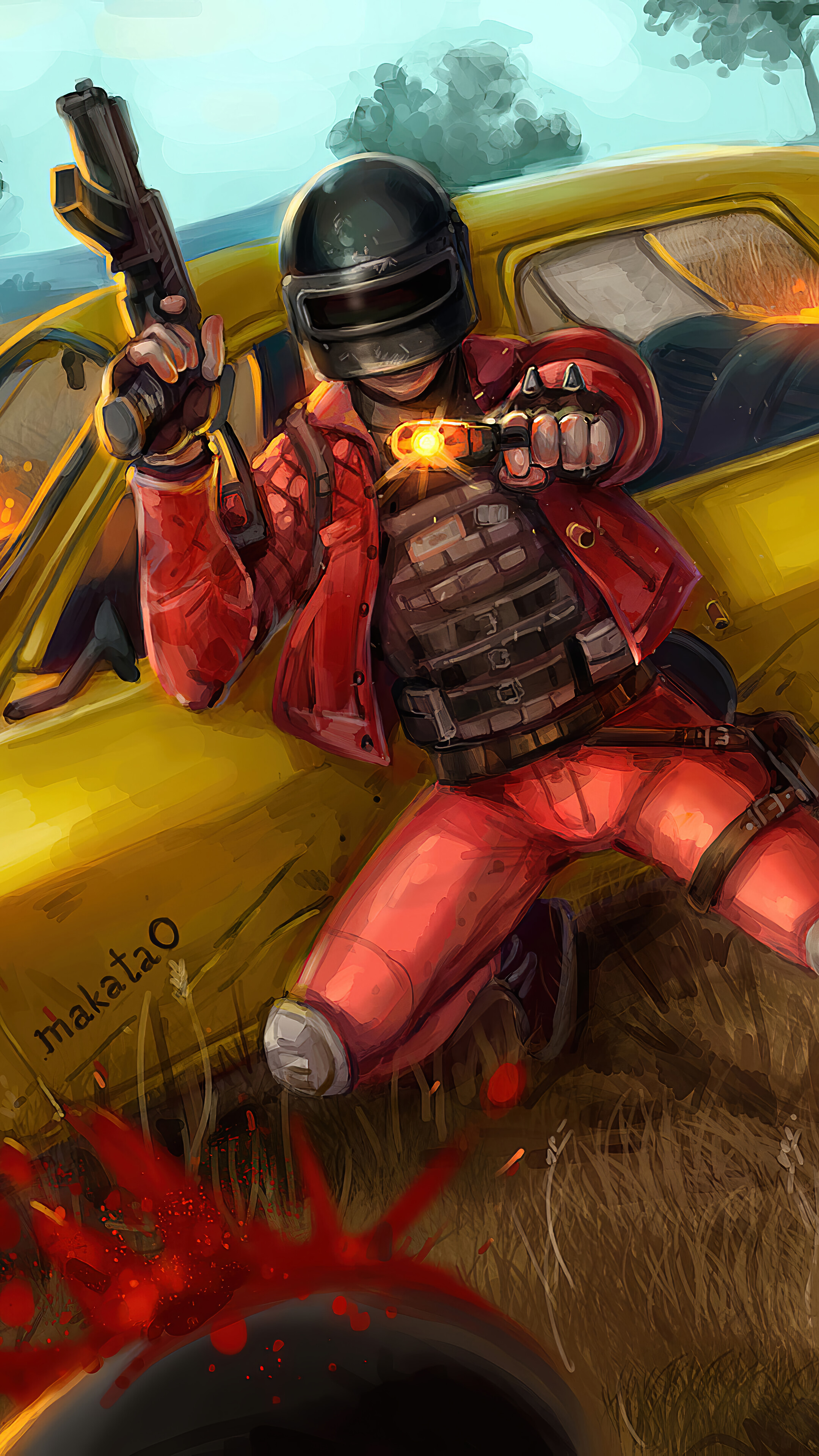 Player from PUBG with guns and grenade near car HD Phone Wallpaper