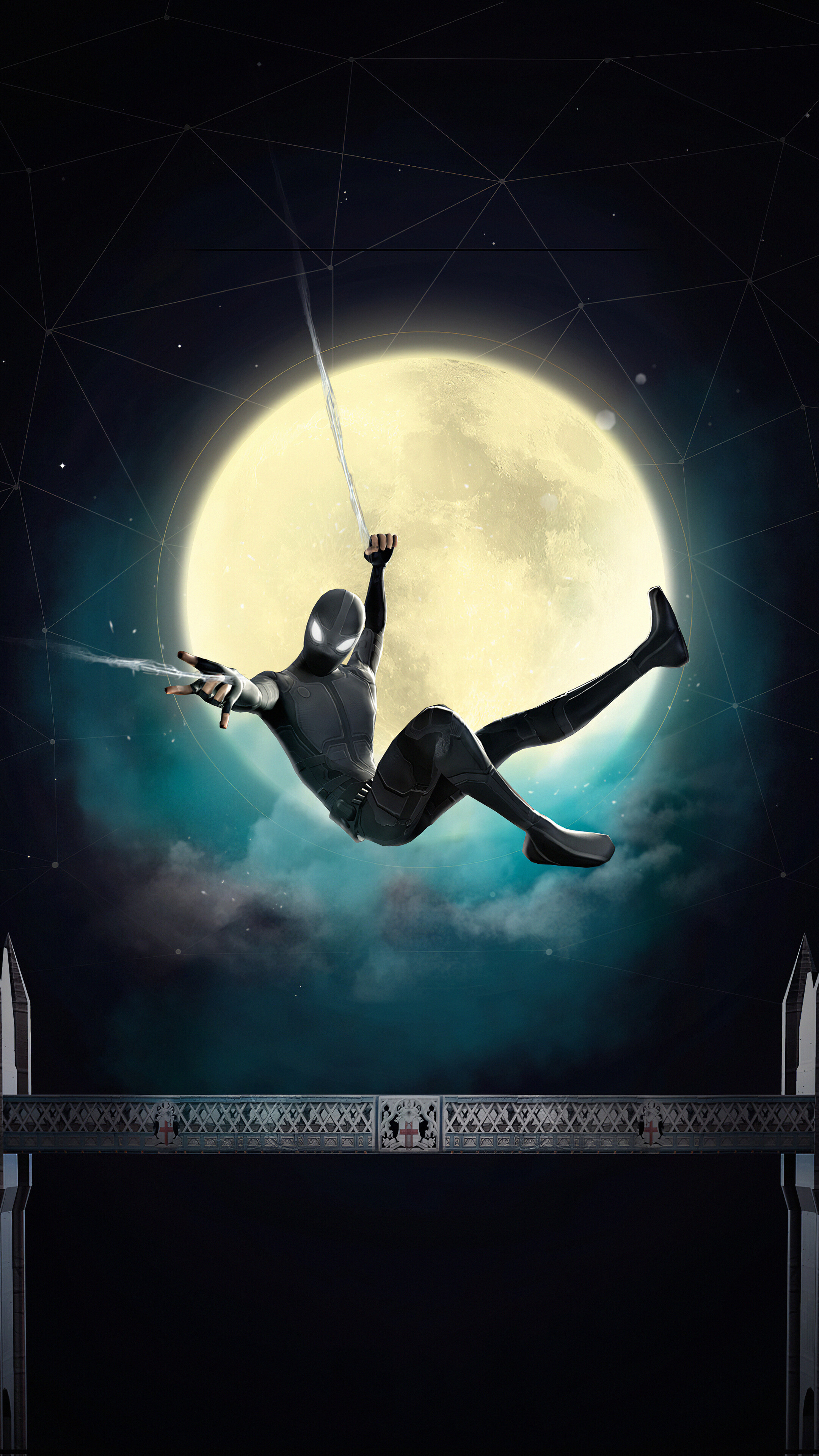 Spider-Man in Stealth Suit swinging in front of the moon 4K HD Phone Wallpaper