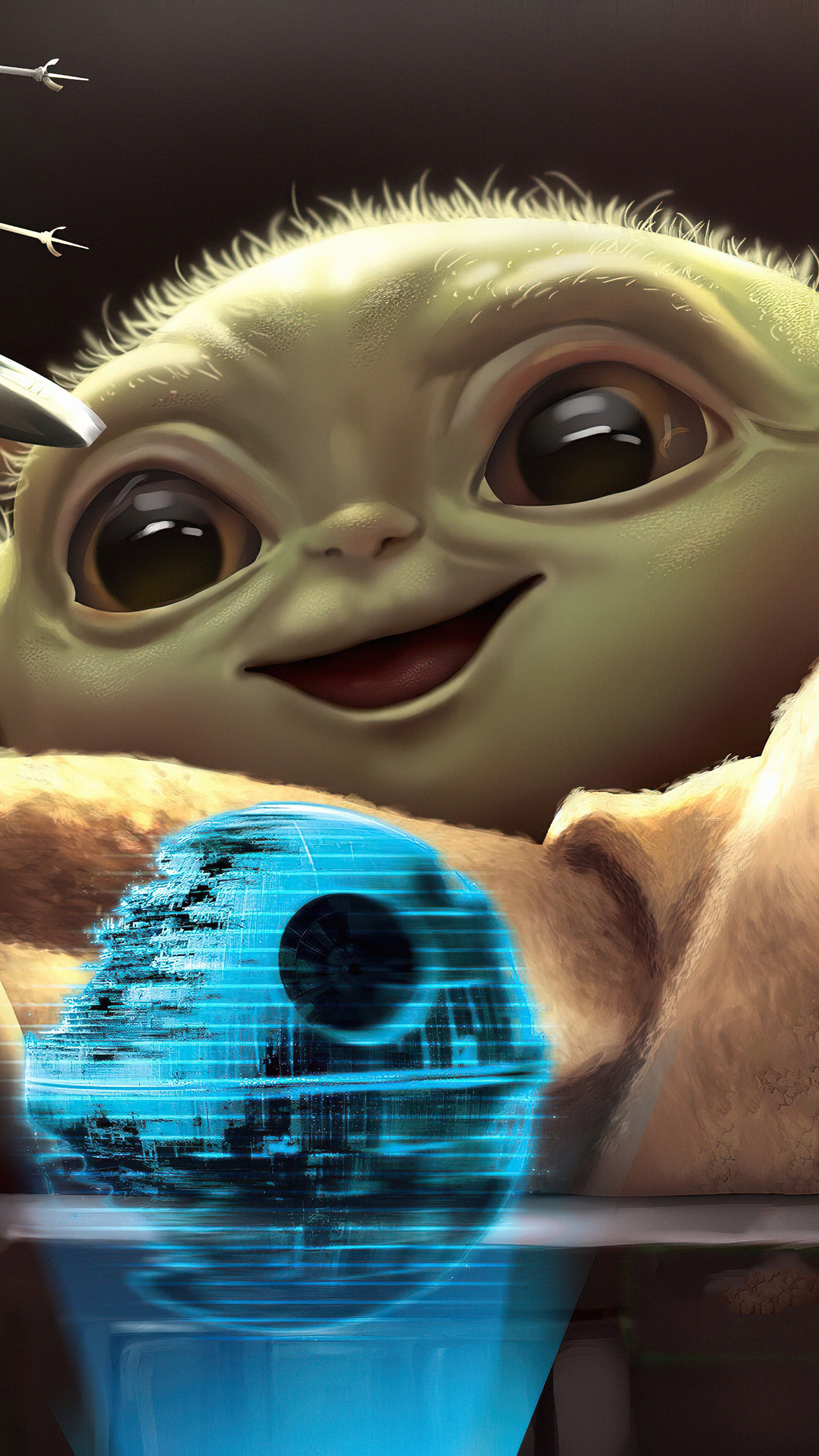 Baby Yoda from Star Wars with Death Star hologram 4K HD Phone Wallpaper