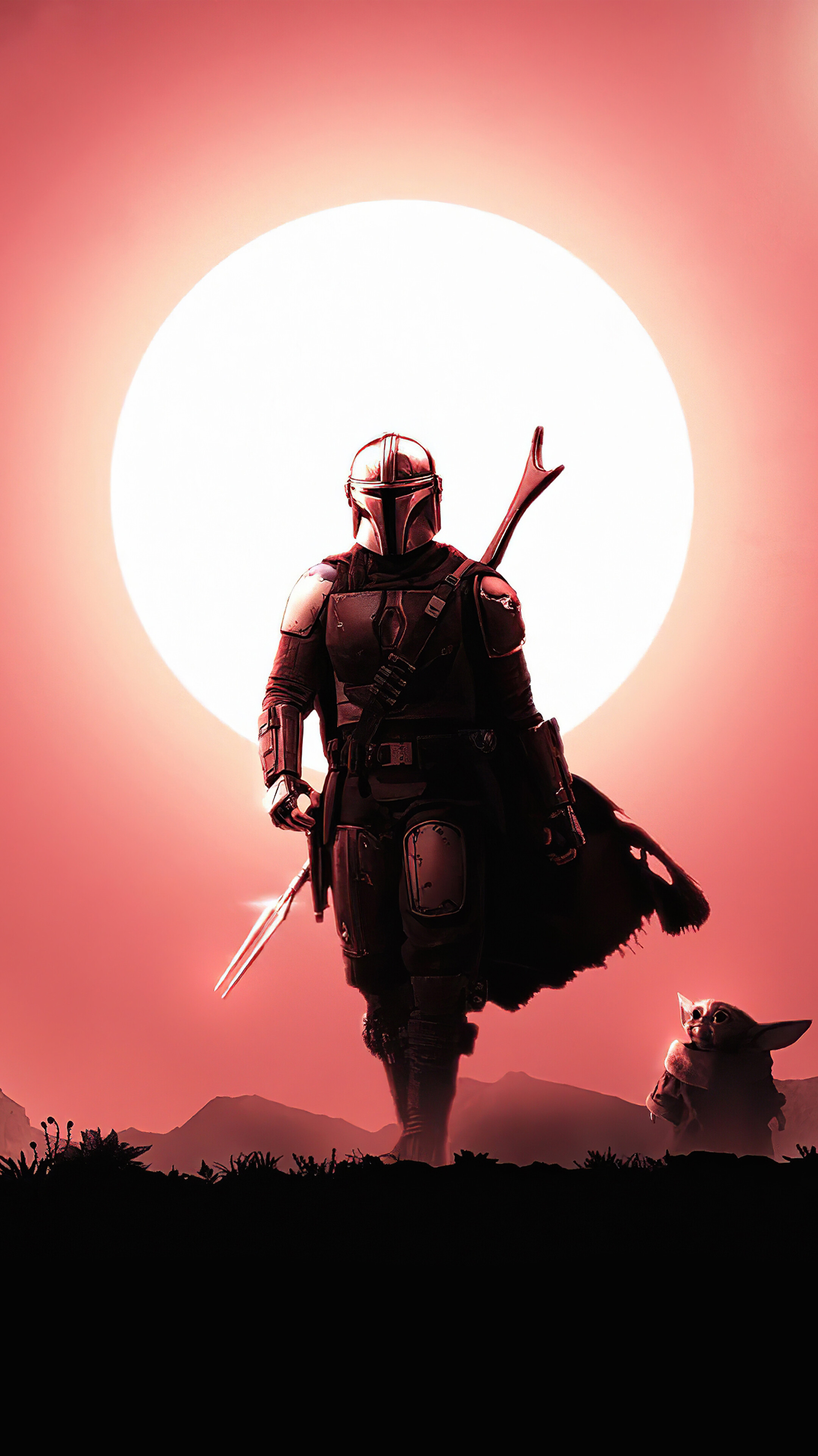 The Mandalorian and Grogu in front of a large sun, 4K HD Phone Wallpaper