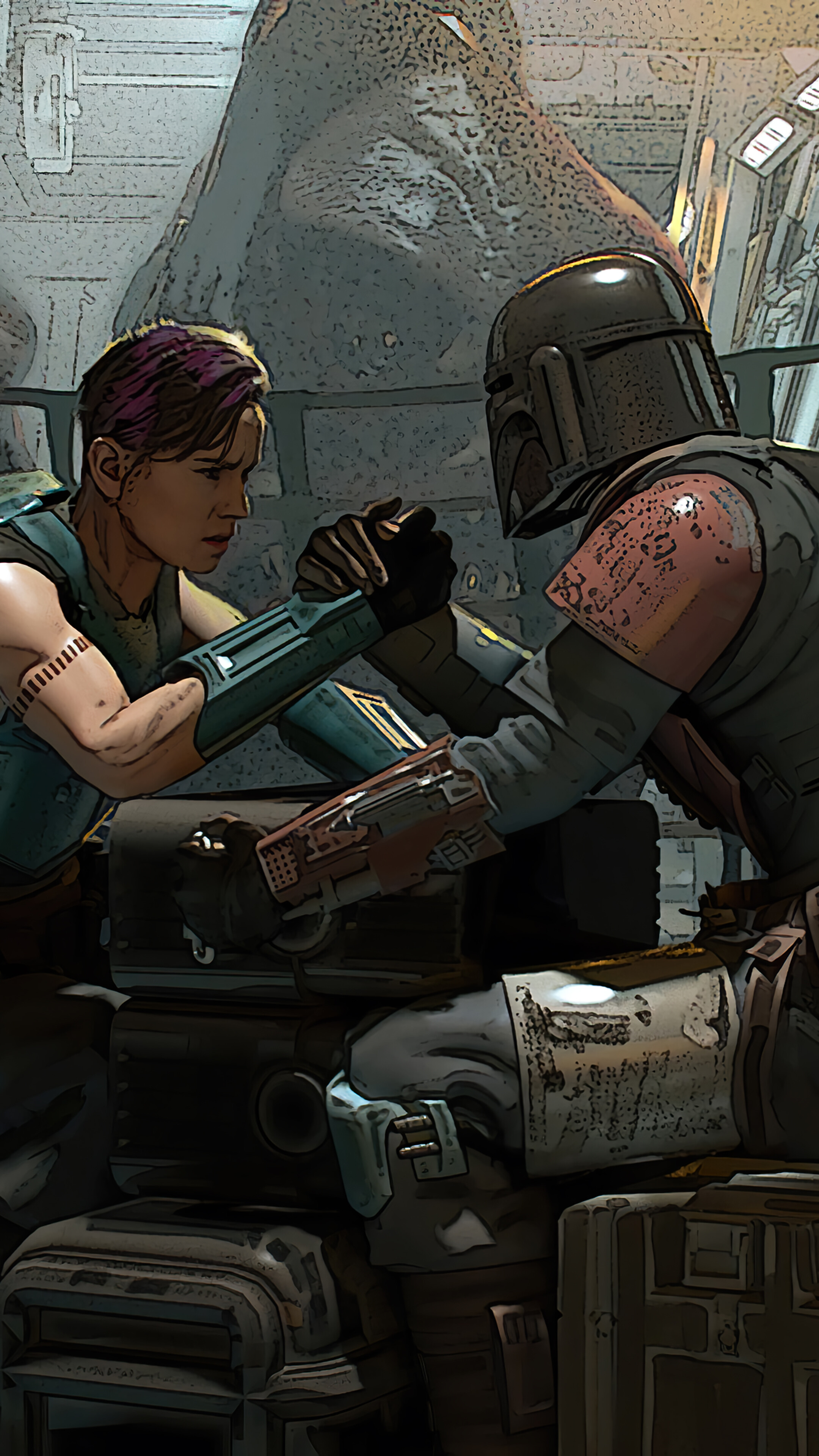 The Mandalorian and Bo-Katan Kryze arm wrestling HD Phone Wallpaper
