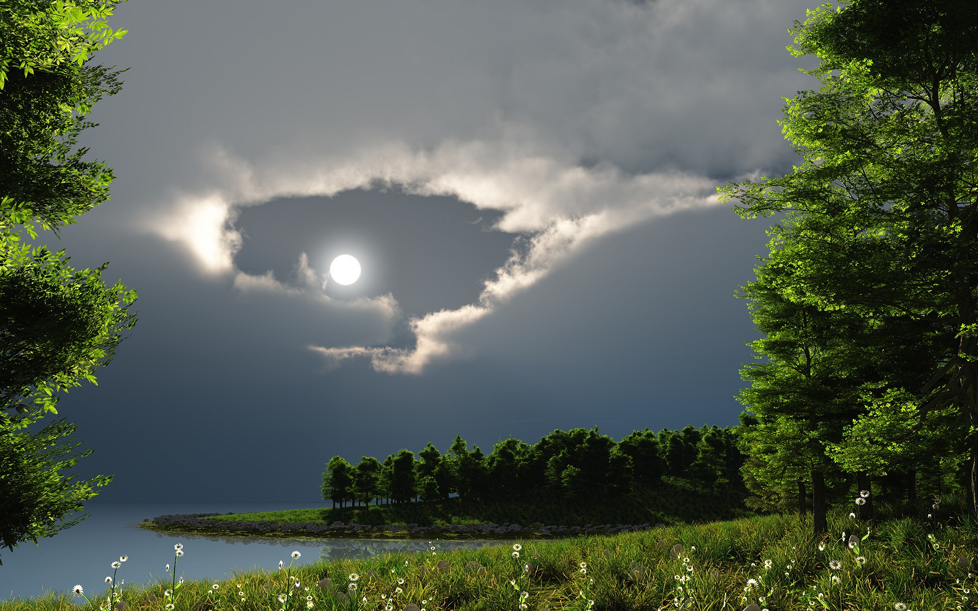 Moonlit lake with trees and clouds HD Wallpaper