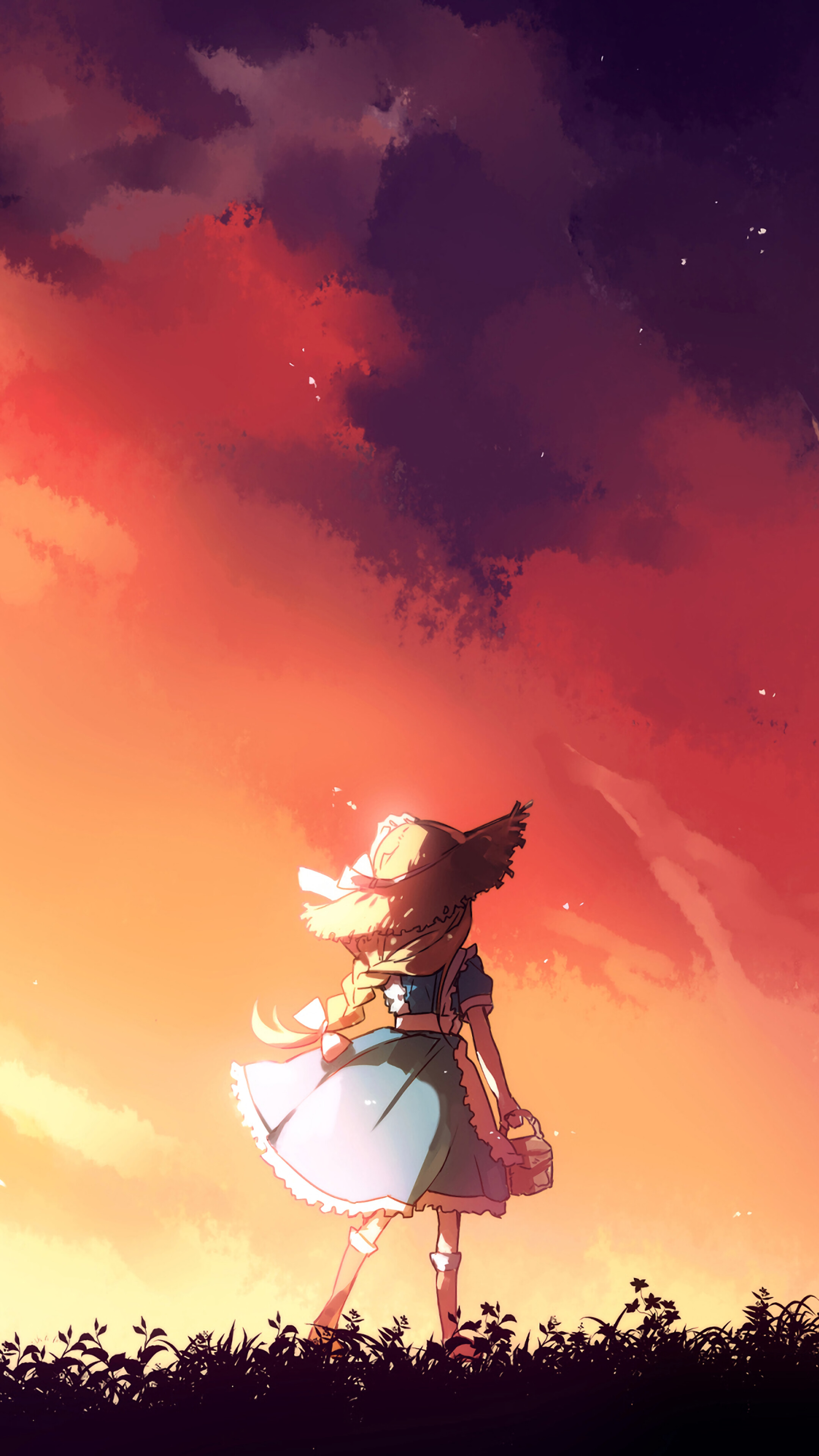 Girl in blue dress looking at sunset sky 4K HD Phone Wallpaper