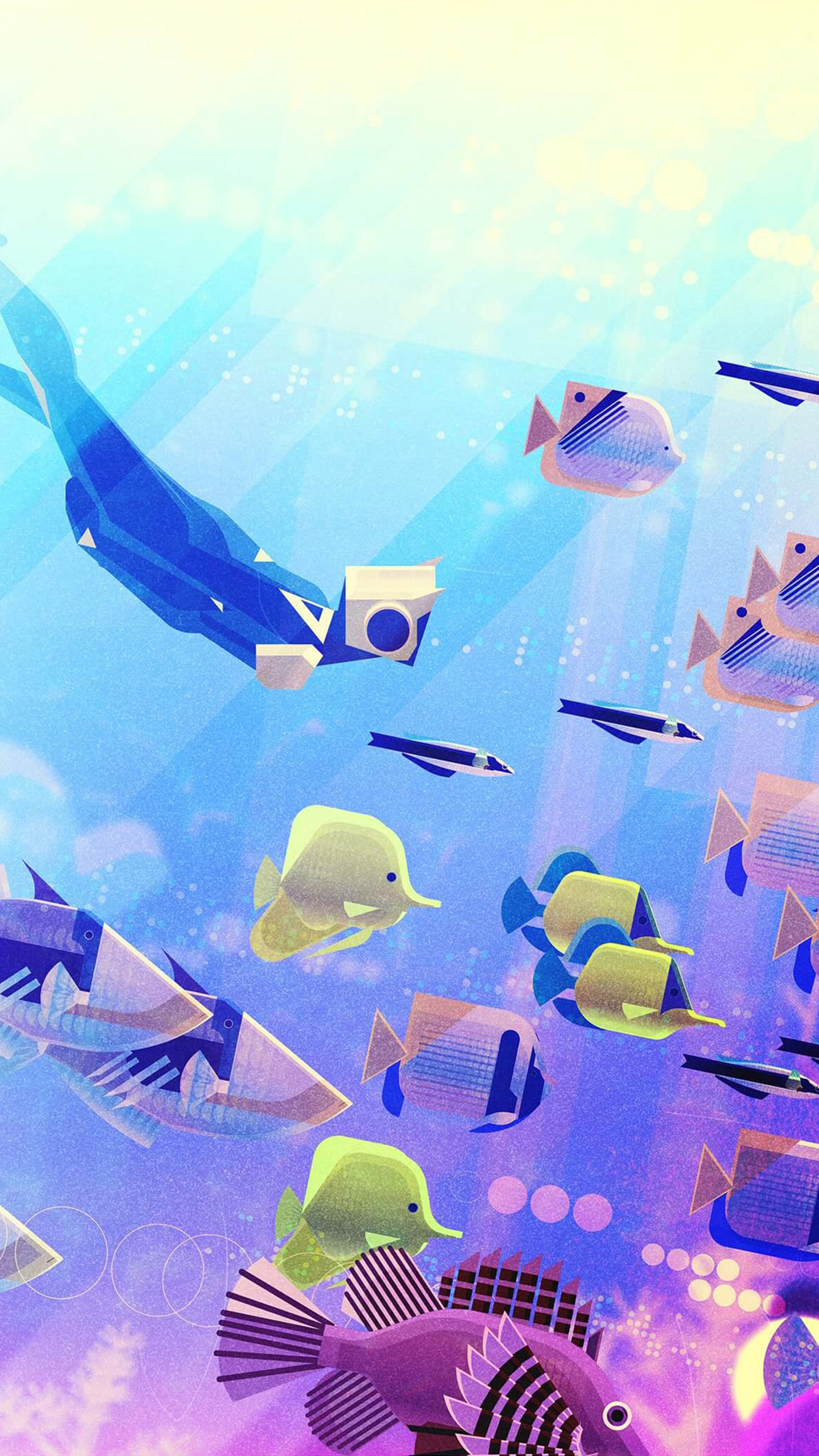 Abstract Underwater Scene with Diver and Fish 4K HD Phone Wallpaper