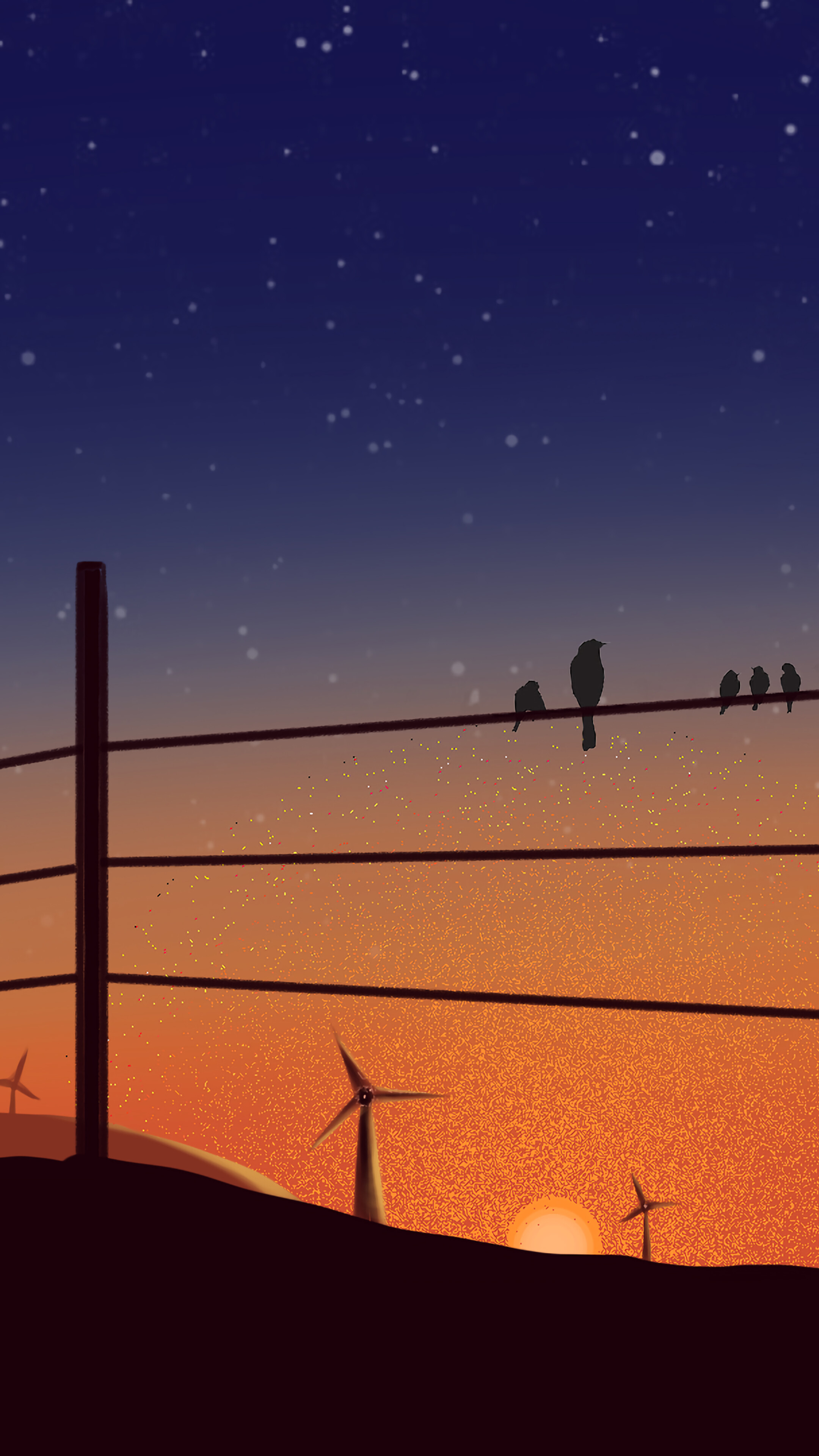 Sunset with birds on a wire and wind turbines HD Phone Wallpaper