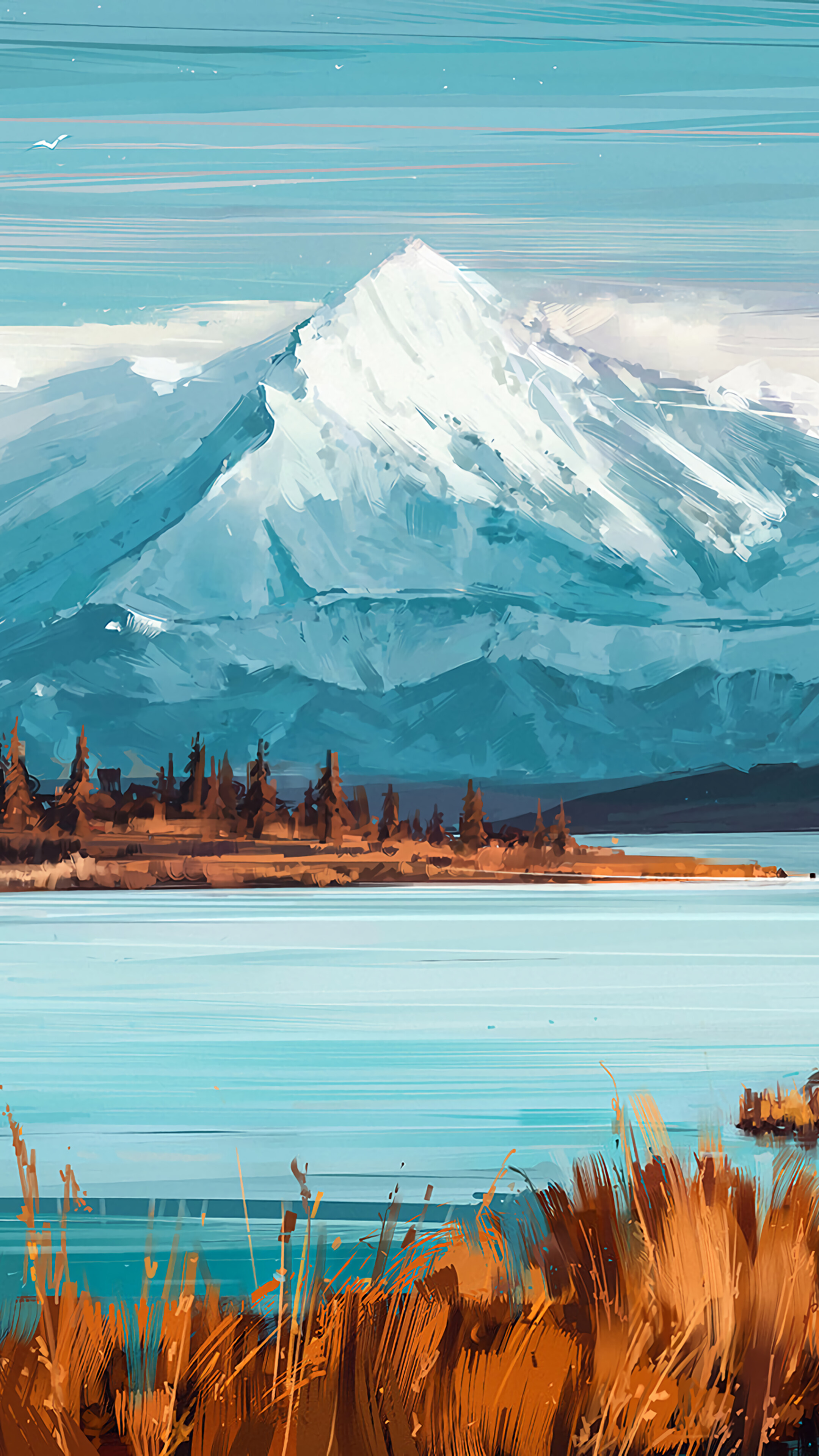 Snow-capped mountain range over a lake and forest HD Phone Wallpaper