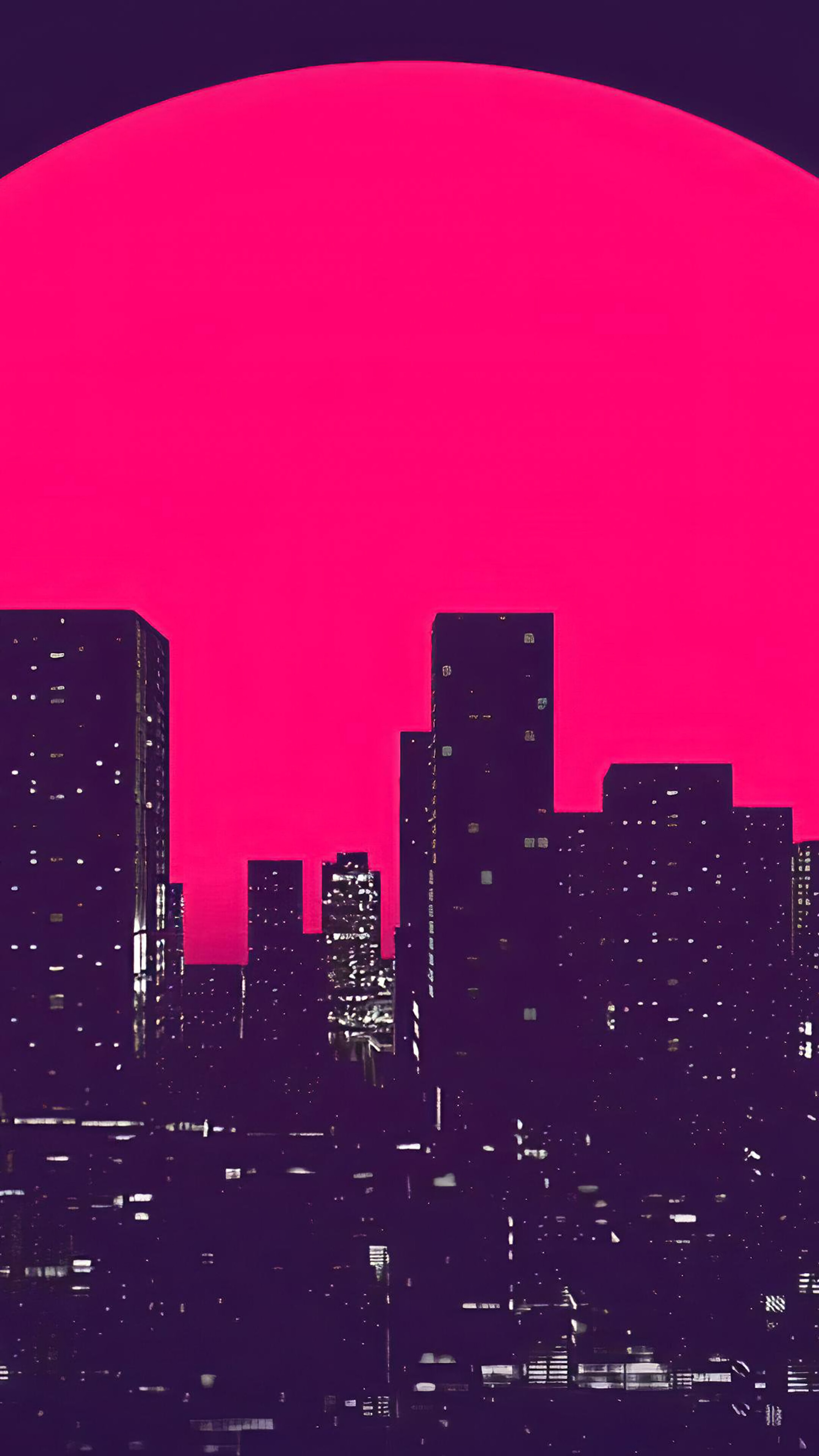 Minimalist Cityscape Under a Pink Moon 4K HD Phone Wallpaper