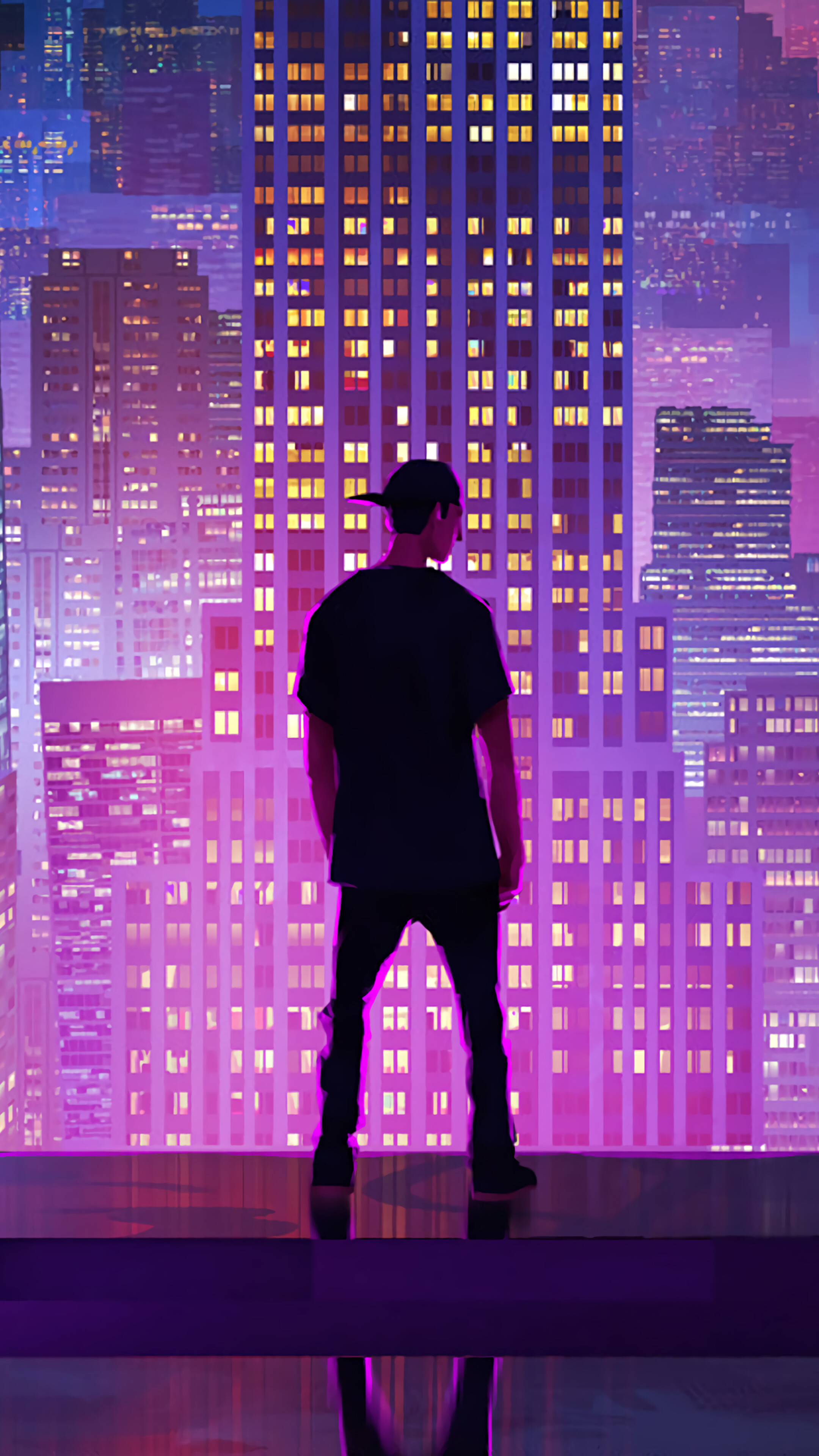 Man in Black Standing in Neon City at Night 4K HD Phone Wallpaper