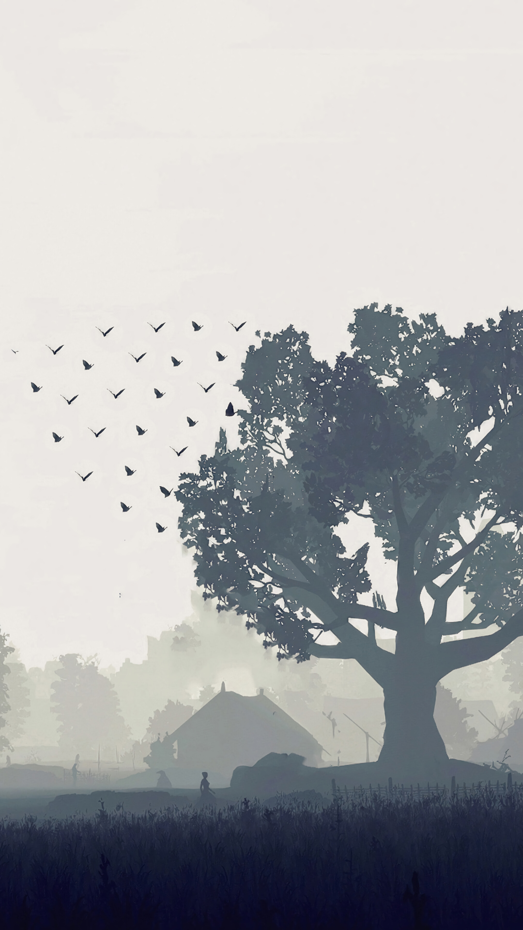 Minimalist Farm Landscape with Birds and Tree 4K HD Phone Wallpaper