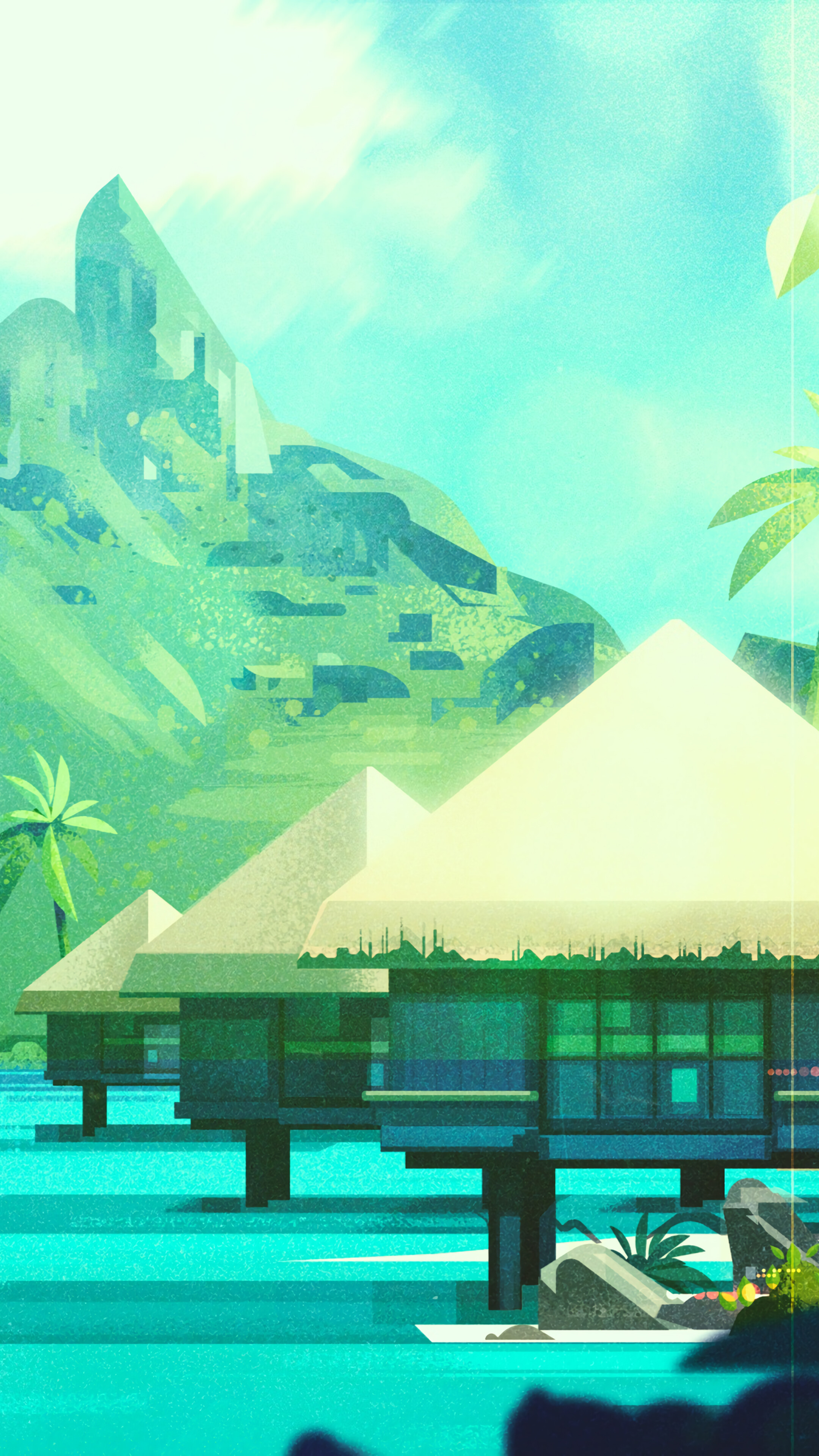 Island scenery with overwater bungalows and mountains HD Phone Wallpaper