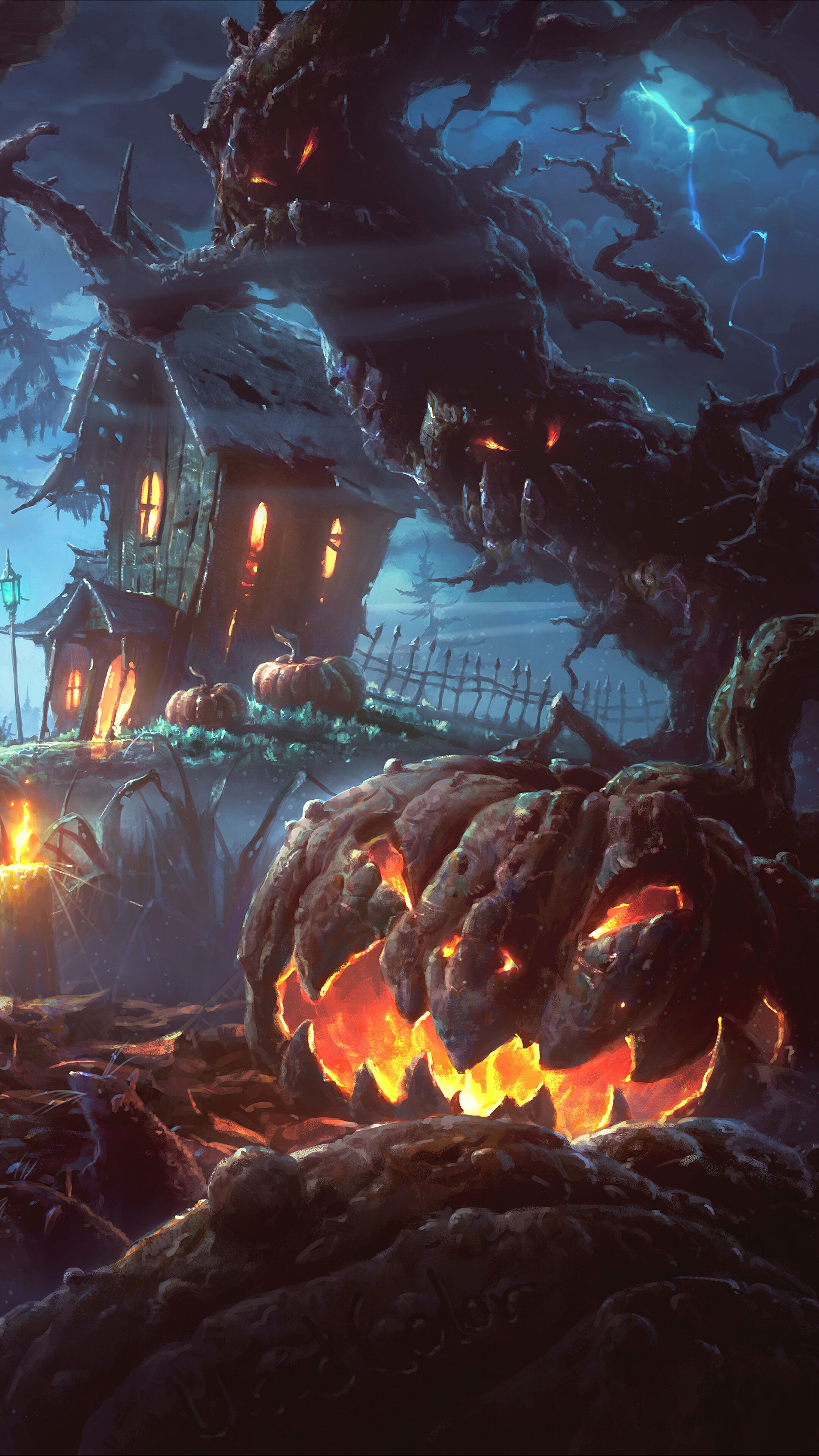Halloween haunted house with jack-o'-lanterns and spooky trees HD Phone Wallpaper