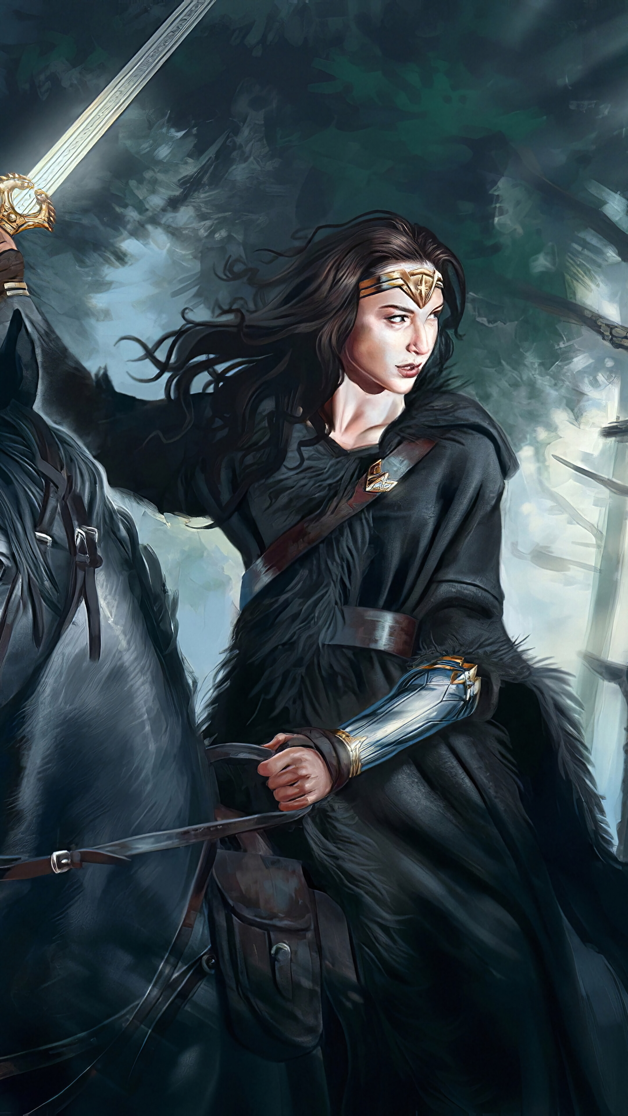Wonder Woman riding a horse in a forest 4K HD Phone Wallpaper