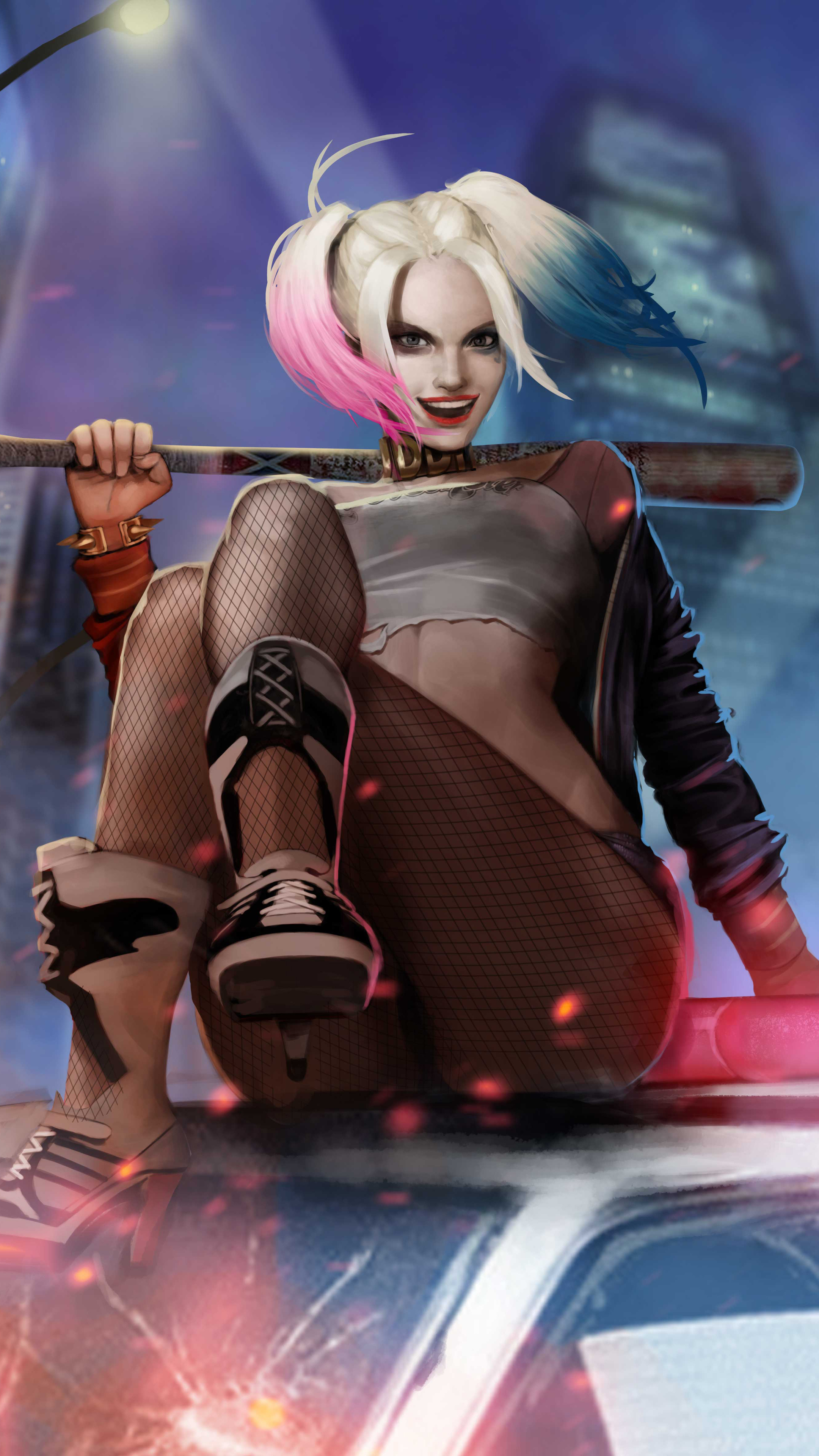 Harley Quinn with baseball bat in city at night 4K HD Phone Wallpaper