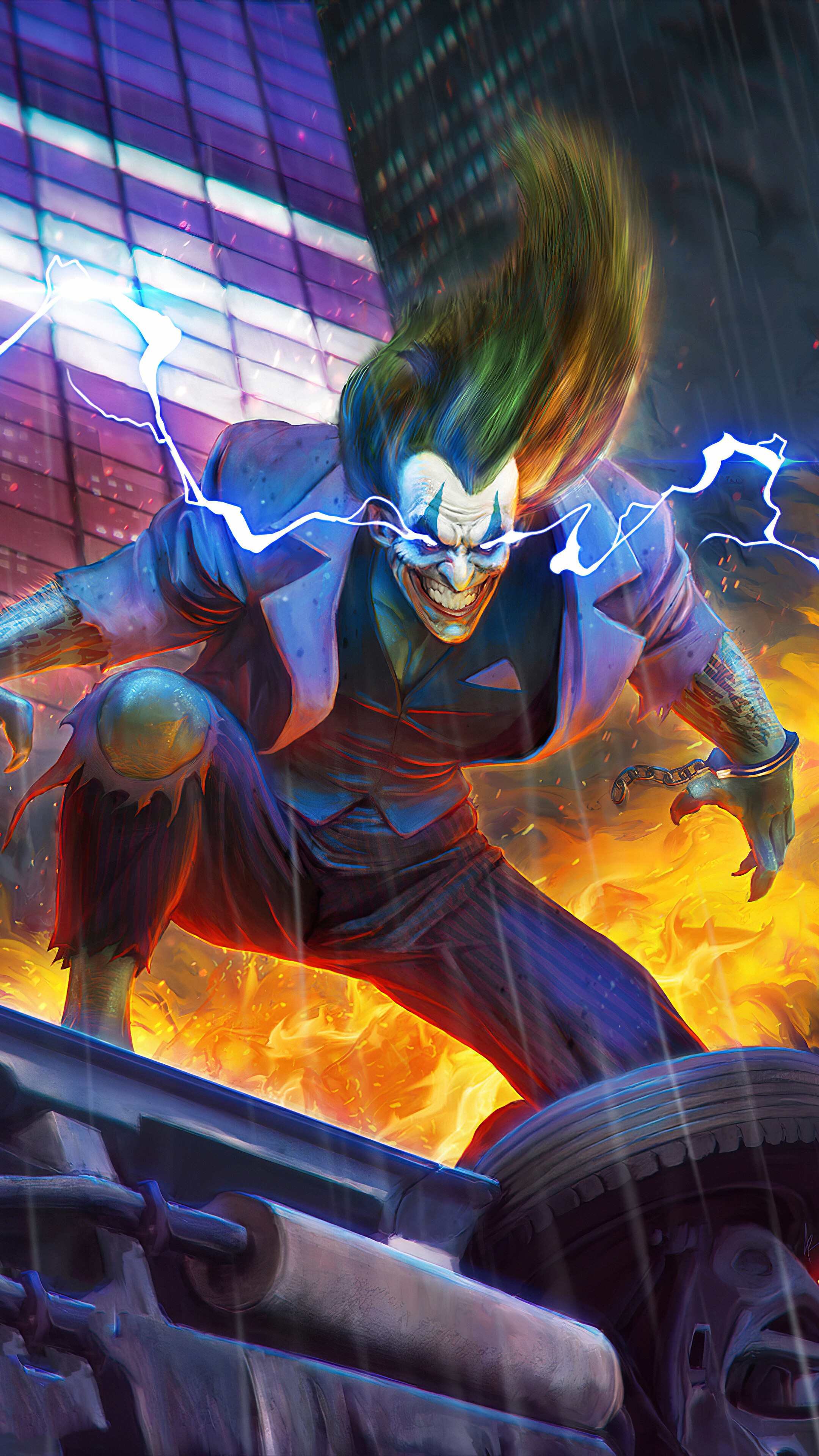 Joker in a city with lightning HD Phone Wallpaper
