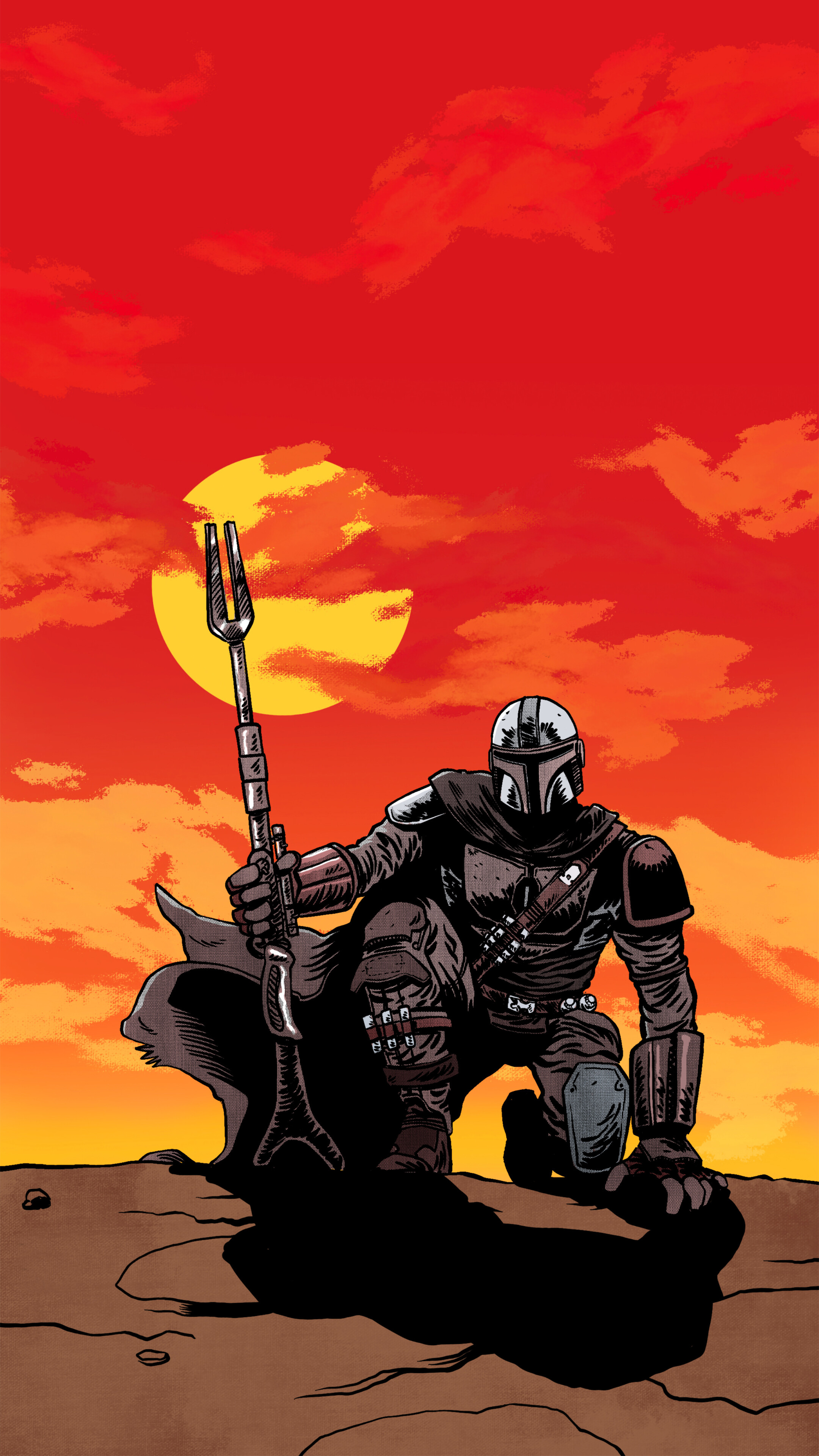 The Mandalorian with rifle at sunset HD Phone Wallpaper