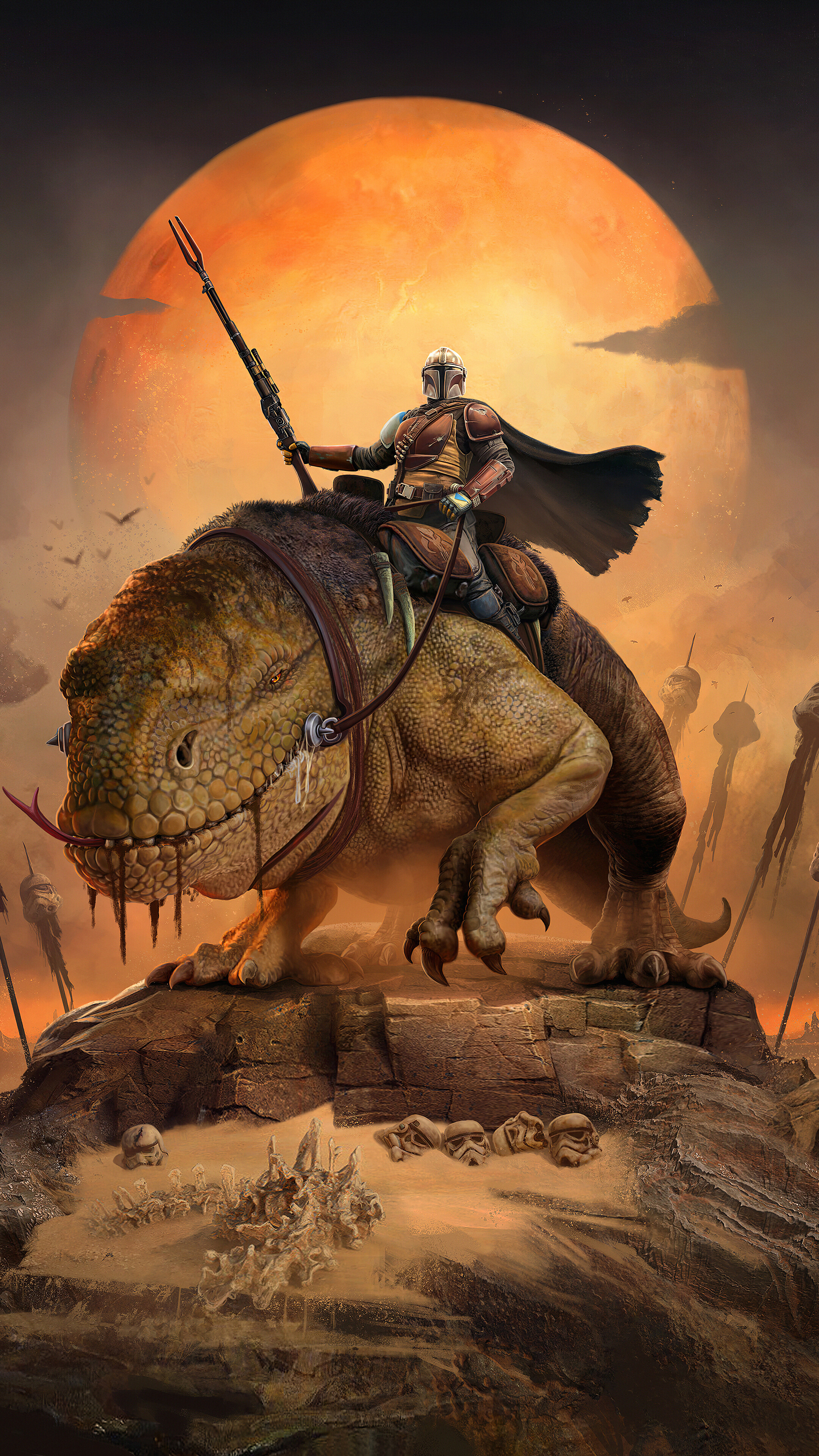 The Mandalorian on a creature with a large moon HD Phone Wallpaper