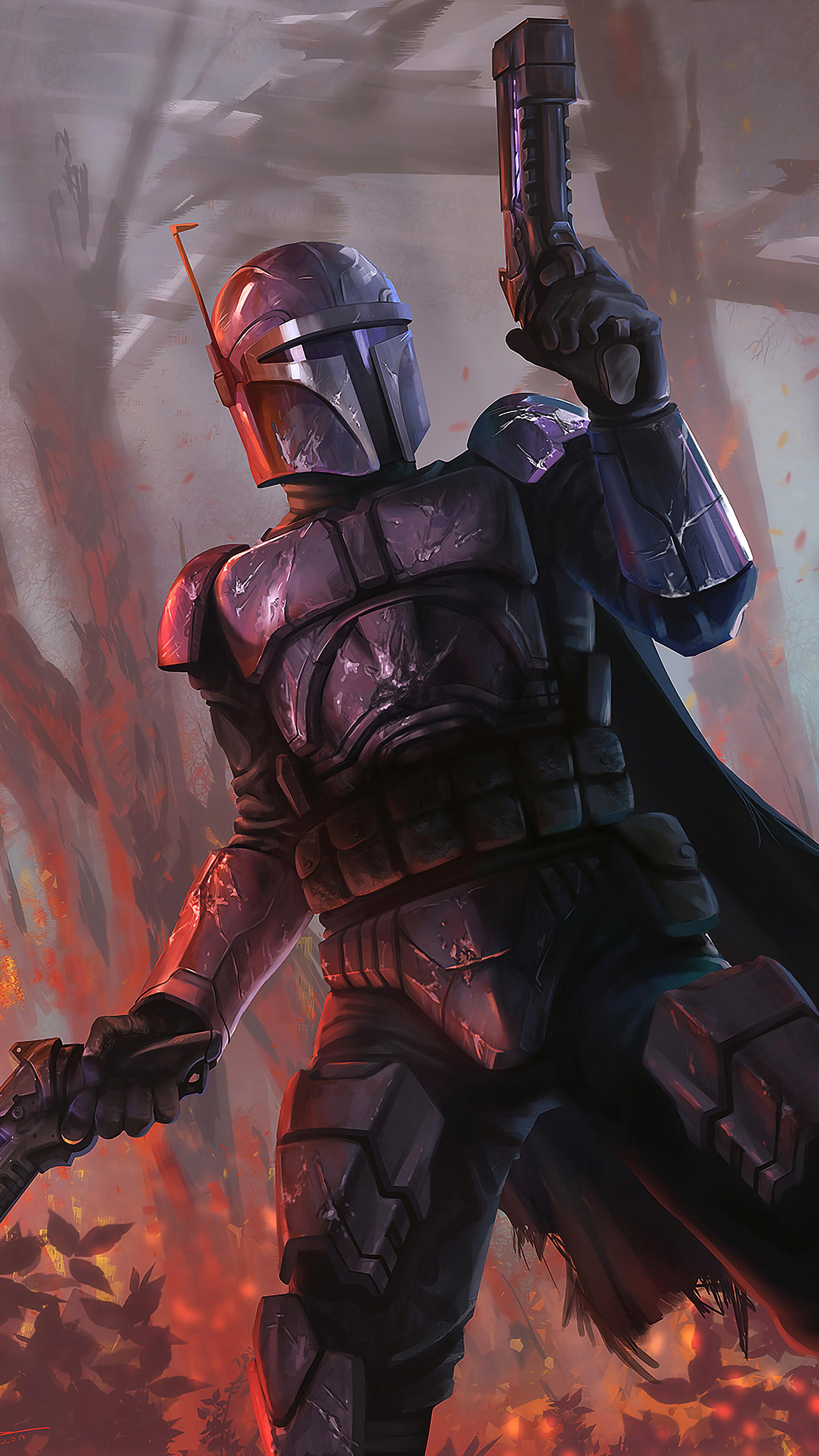 Mandalorian holding a blaster and a knife HD Phone Wallpaper