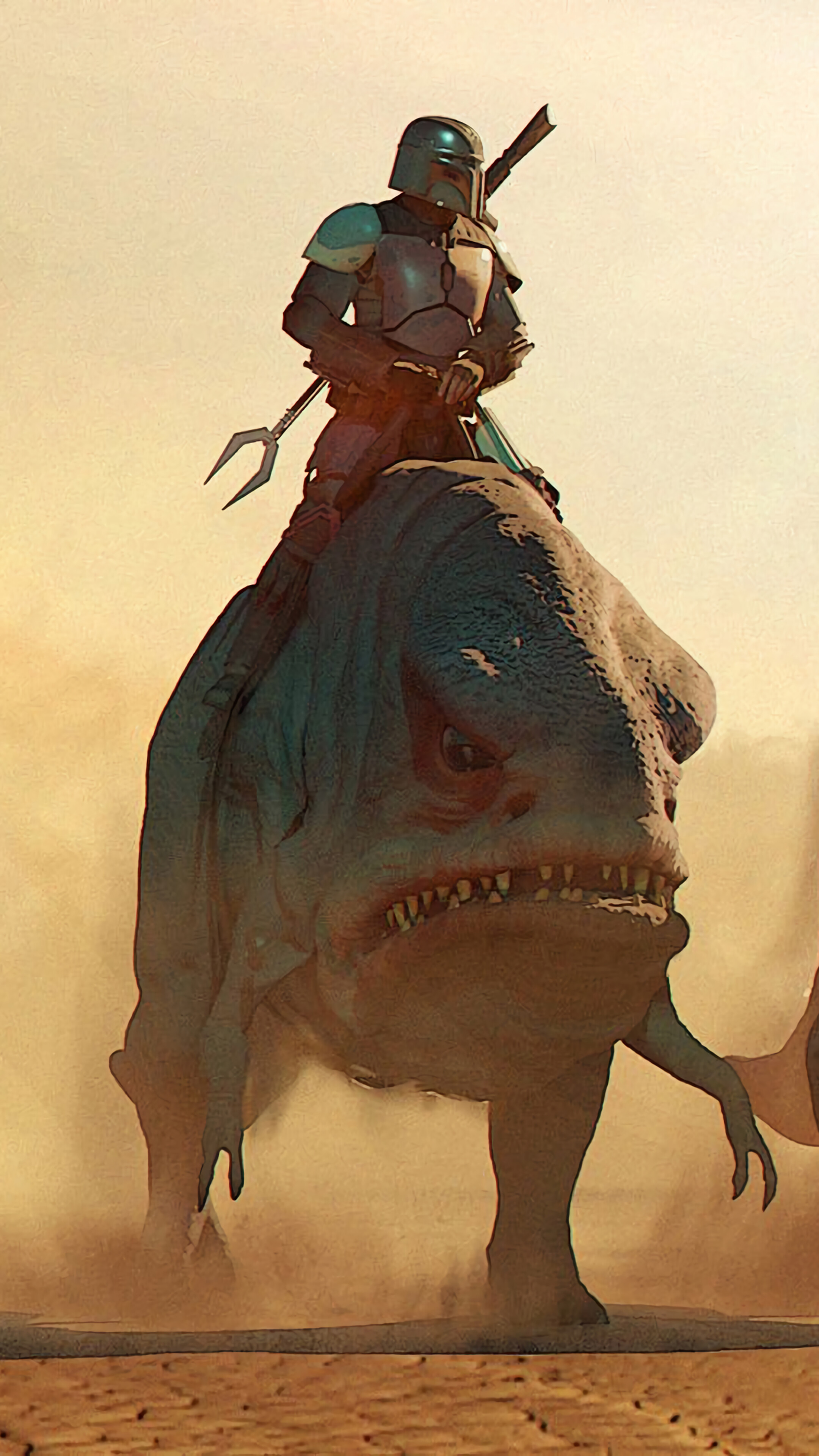 The Mandalorian riding a creature in 4K HD Phone Wallpaper