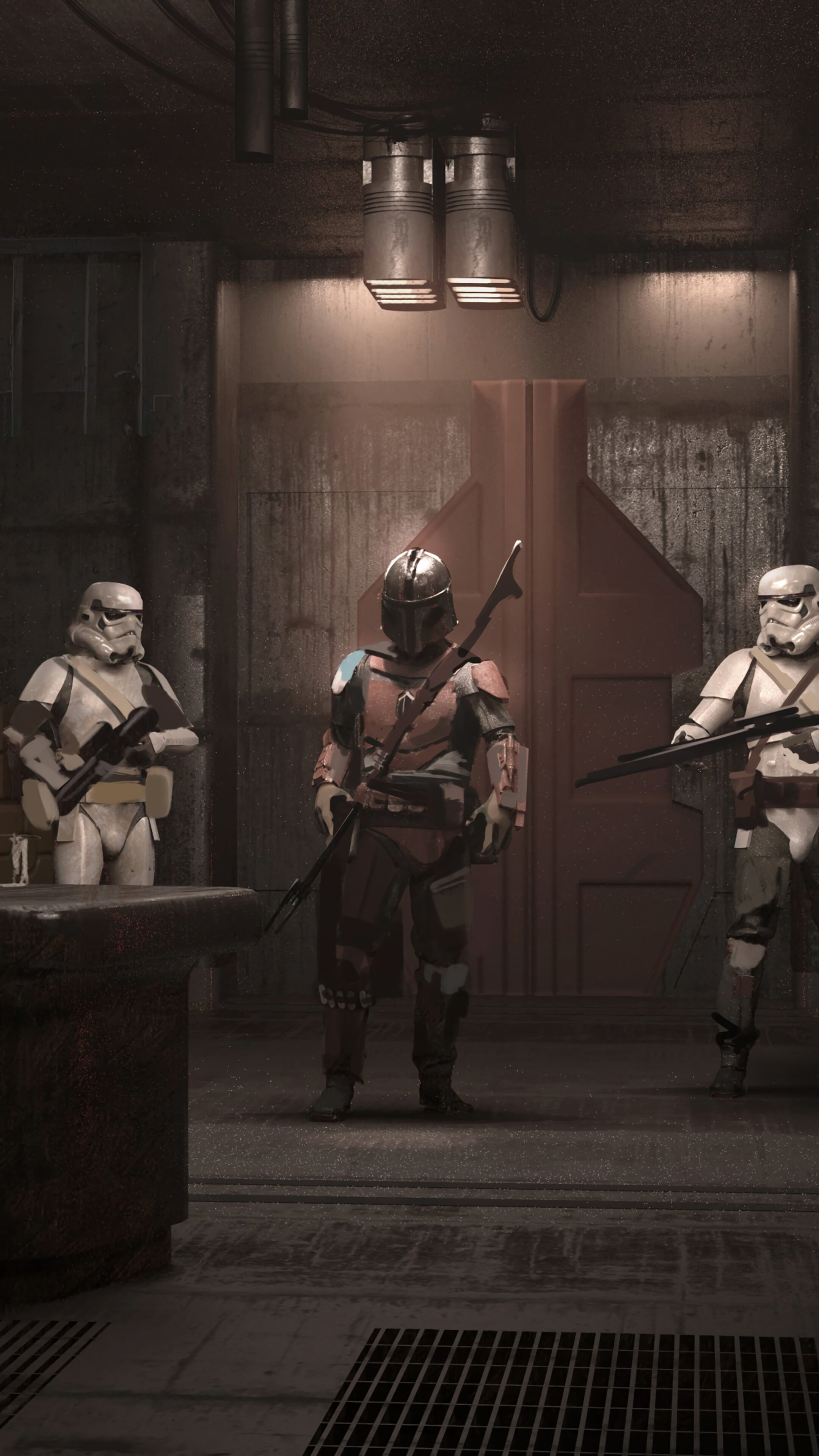 The Mandalorian and Stormtroopers in a room HD Phone Wallpaper