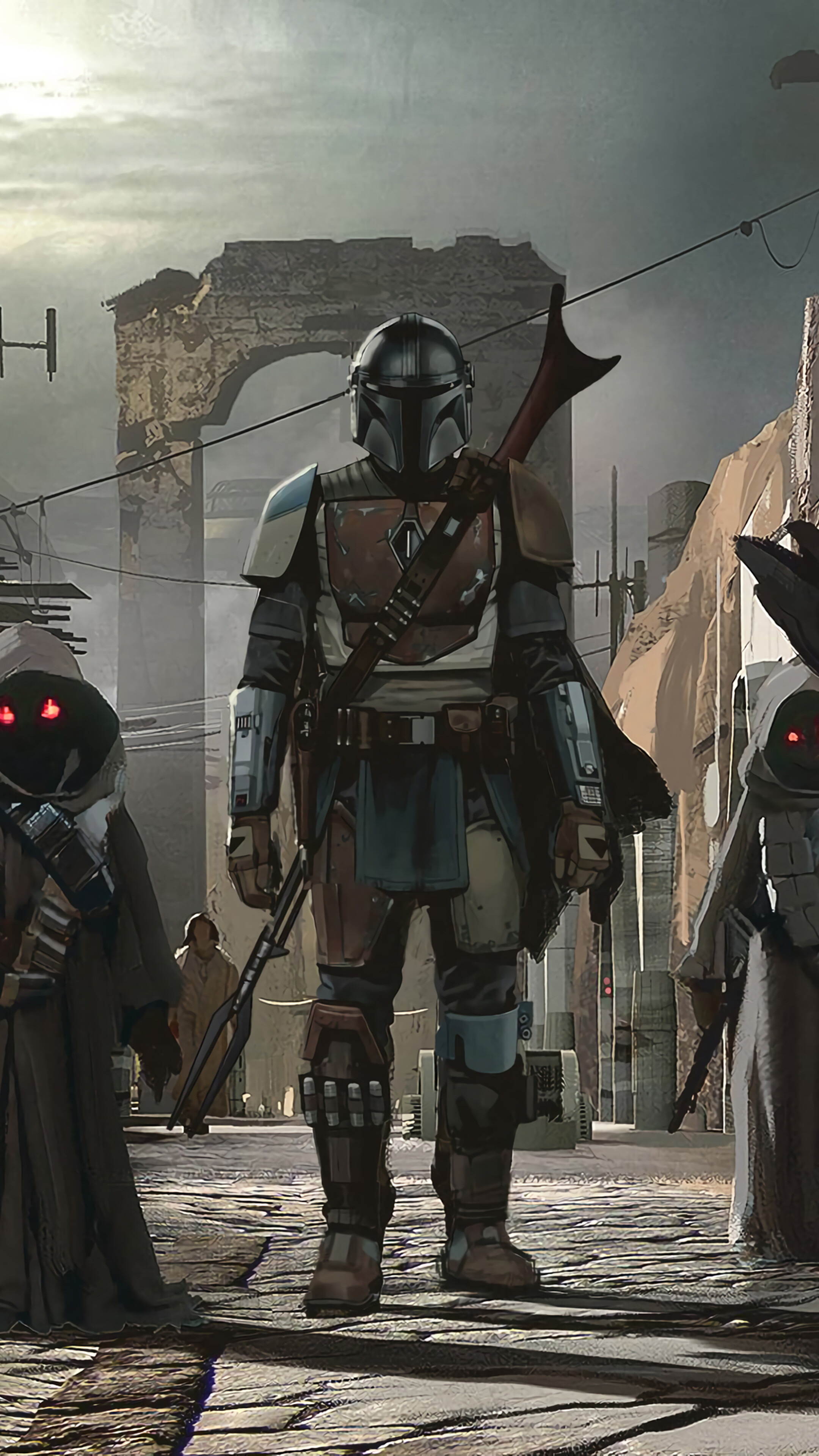 The Mandalorian and Jawas in a settlement HD Phone Wallpaper