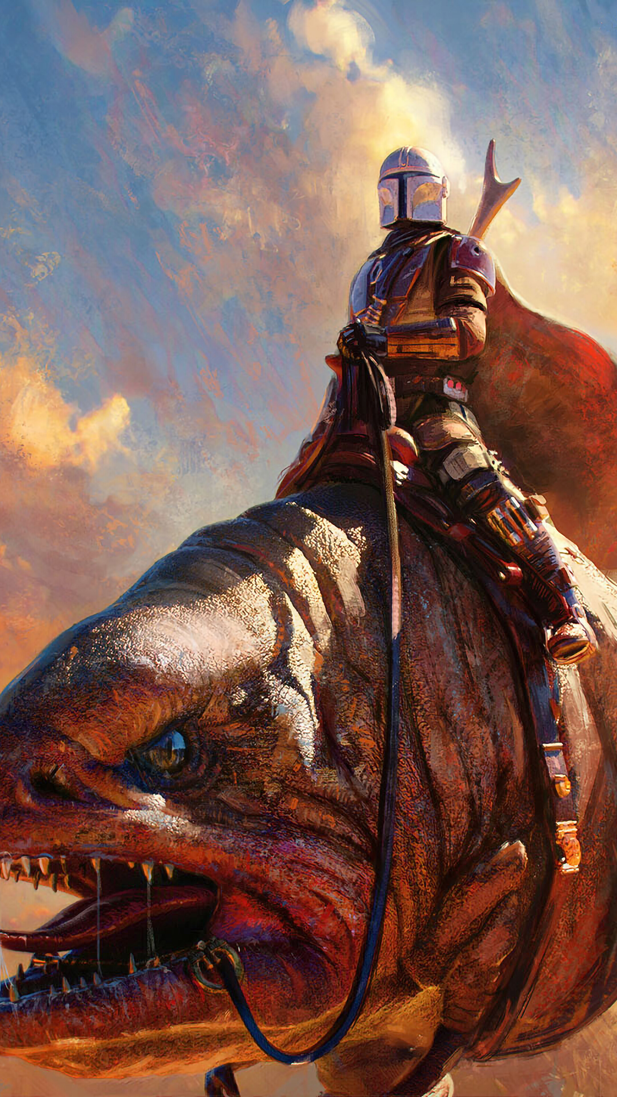 The Mandalorian Riding a Creature HD Phone Wallpaper