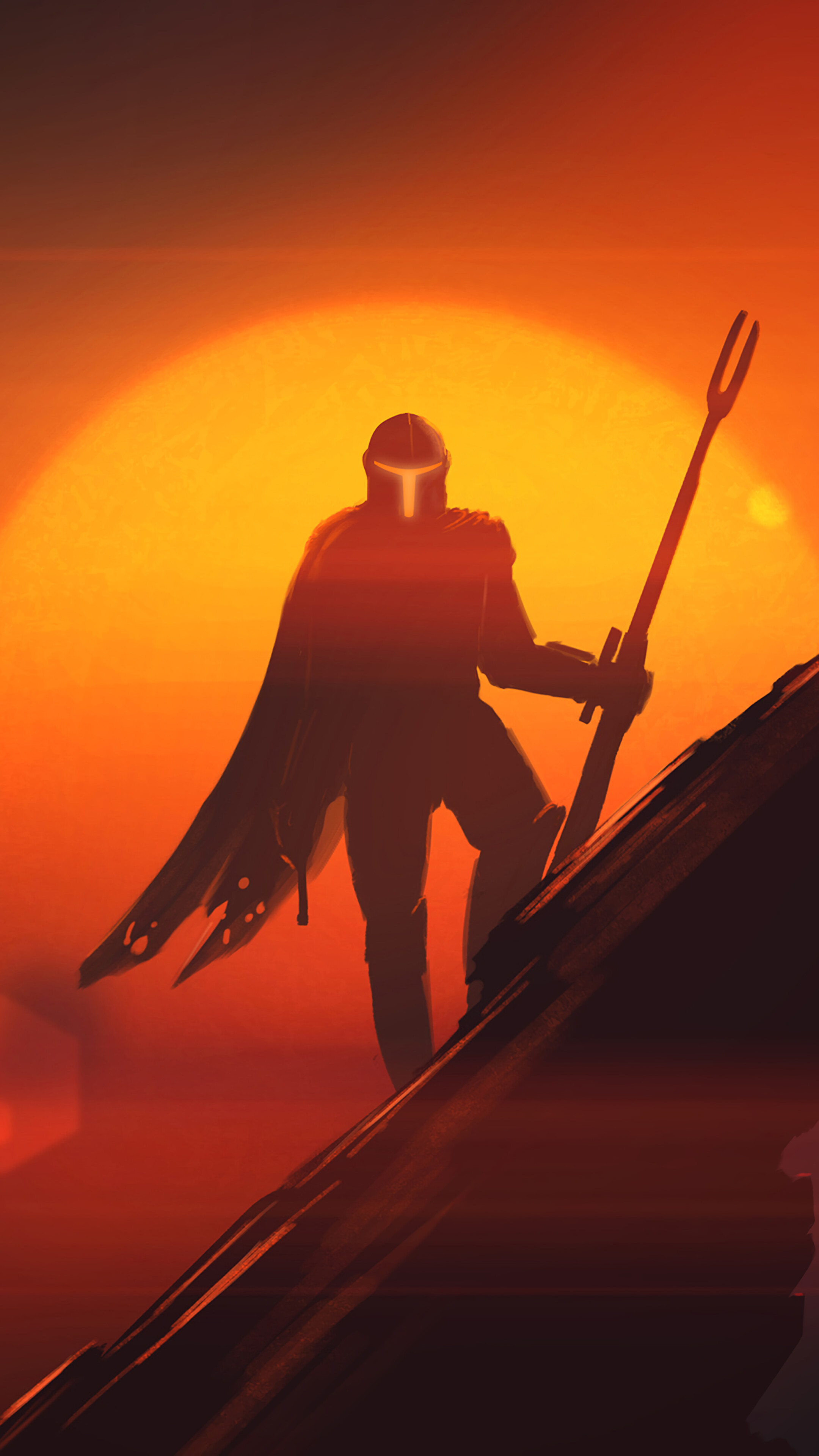 The Mandalorian with a spear on a rocky planet at sunset 4K HD Phone Wallpaper