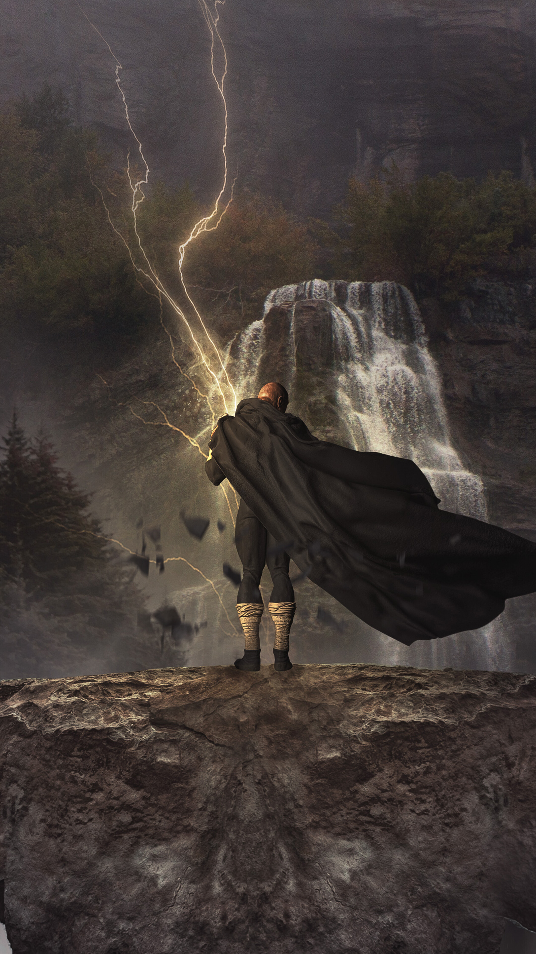 Black Adam with lightning near a waterfall HD Phone Wallpaper