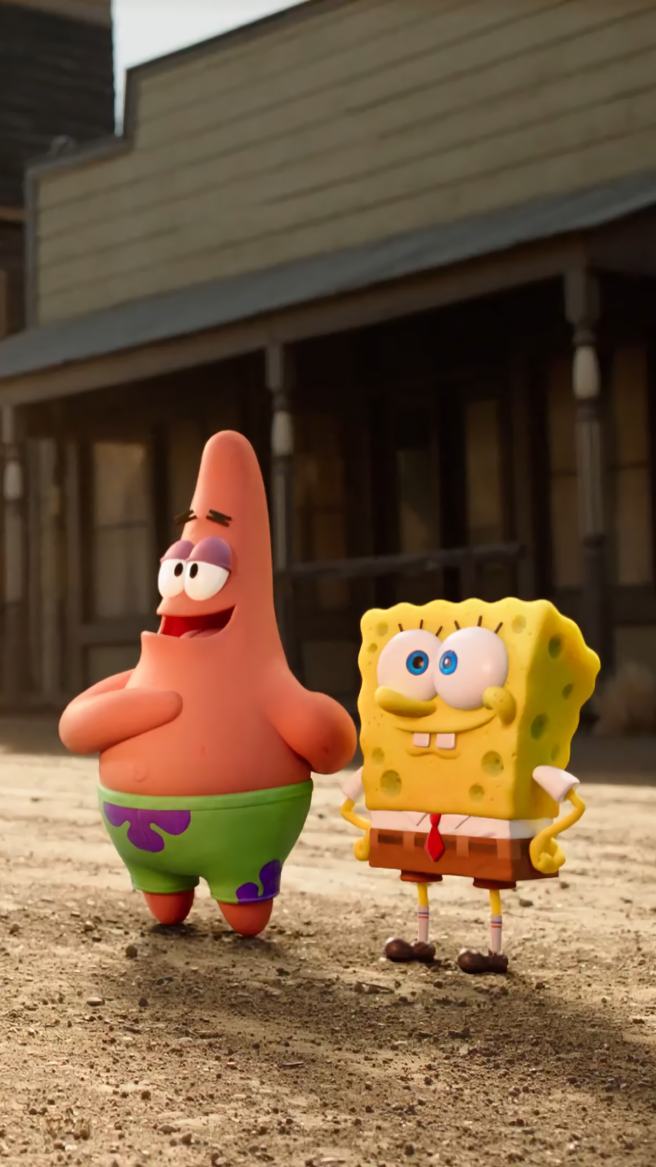 SpongeBob SquarePants and Patrick Star in a Western town HD Phone Wallpaper