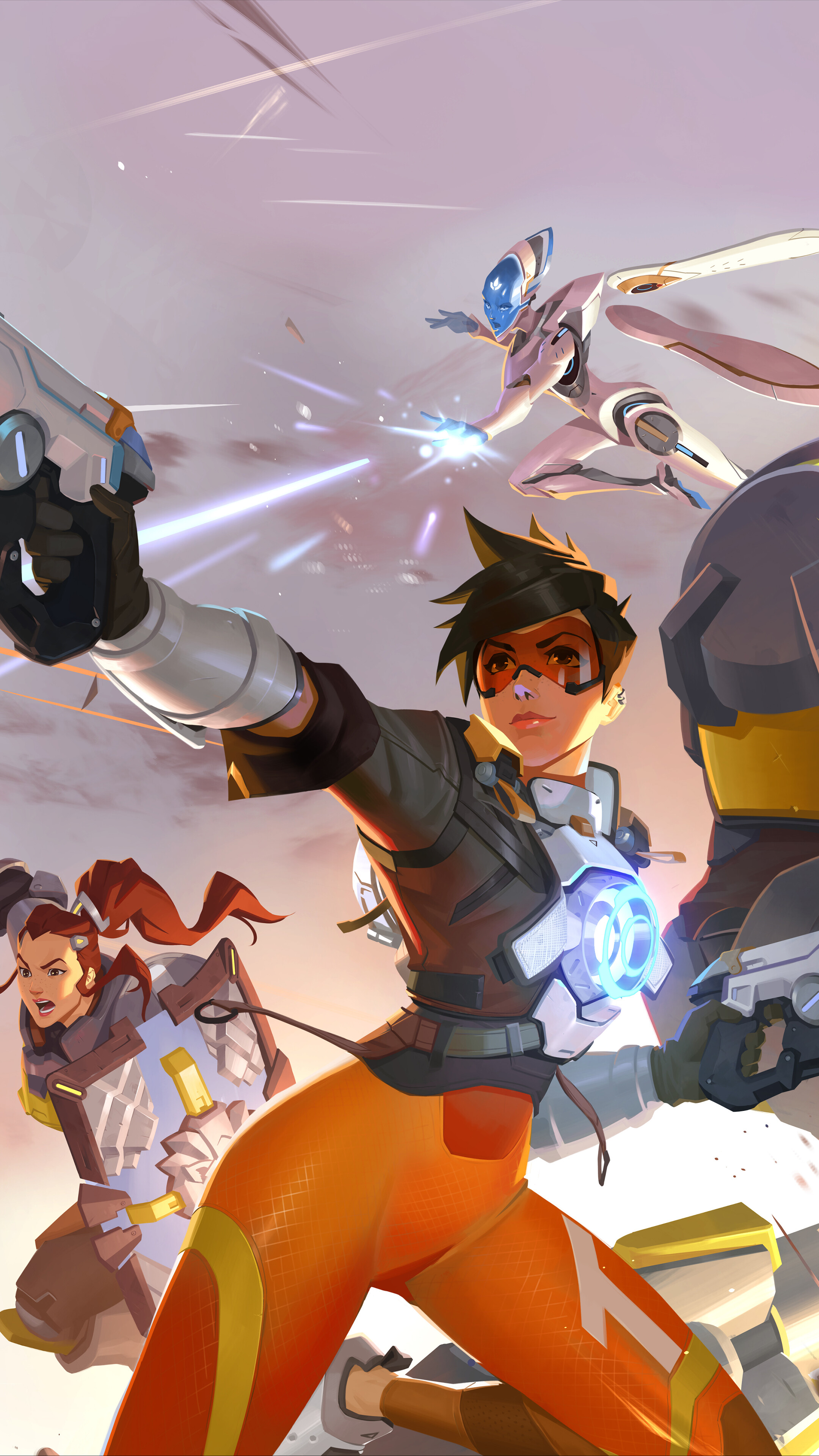 Tracer and other Overwatch 2 characters in action HD Phone Wallpaper