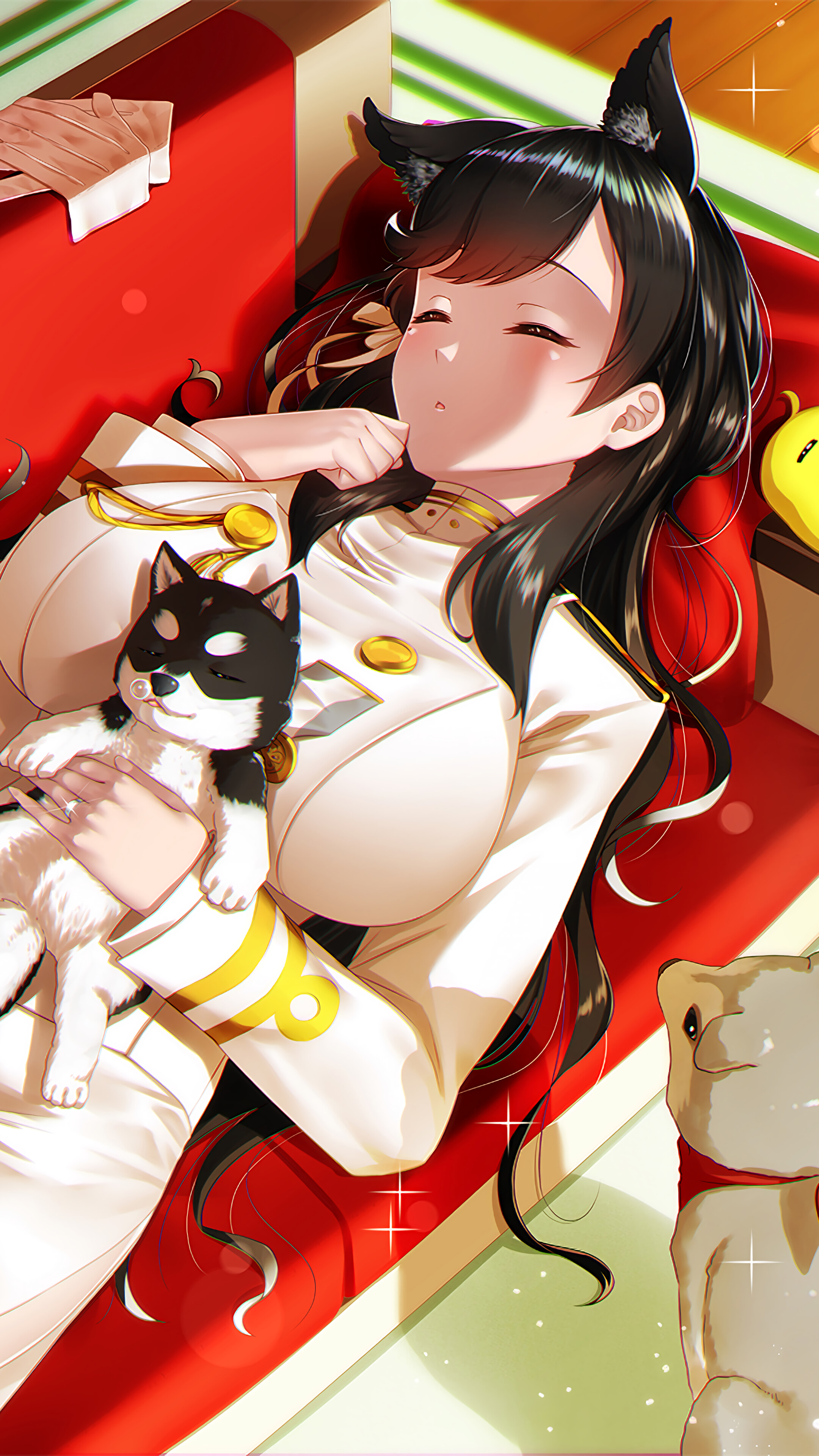Takao from Azur Lane sleeping with a dog plushie HD Phone Wallpaper