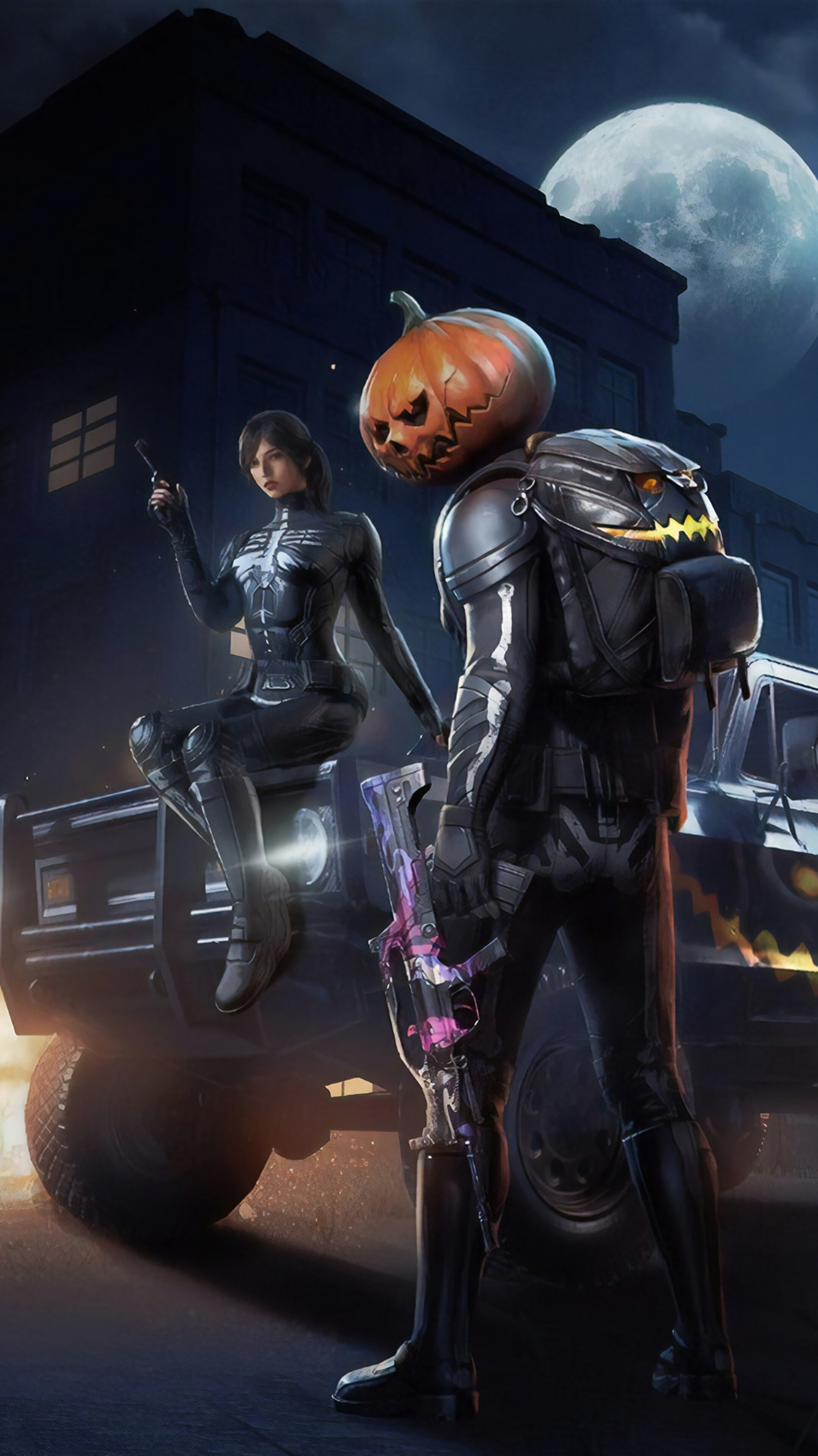 PUBG Halloween characters with pumpkin head and gun HD Phone Wallpaper