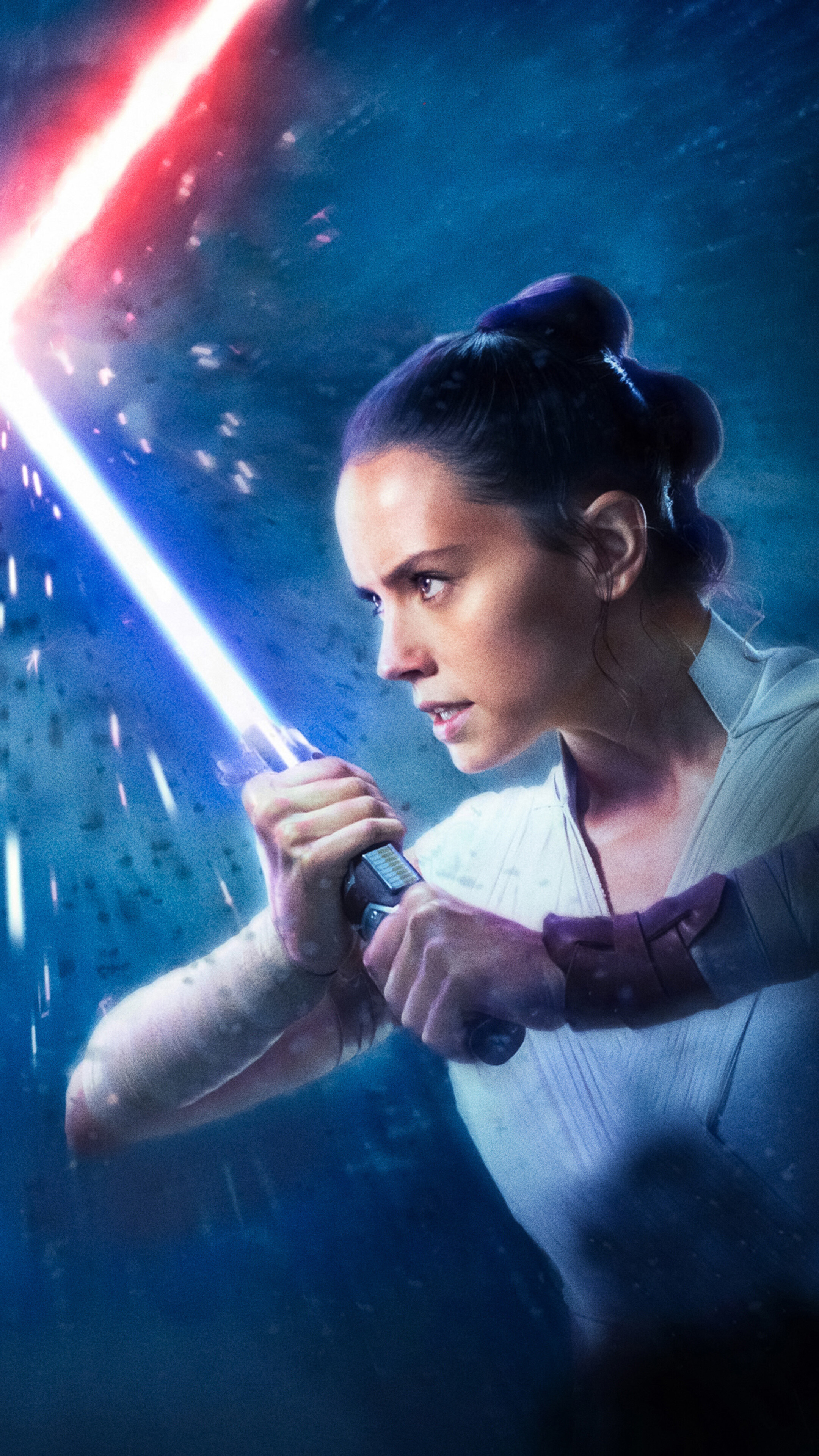 Rey from Star Wars fighting with a lightsaber HD Phone Wallpaper