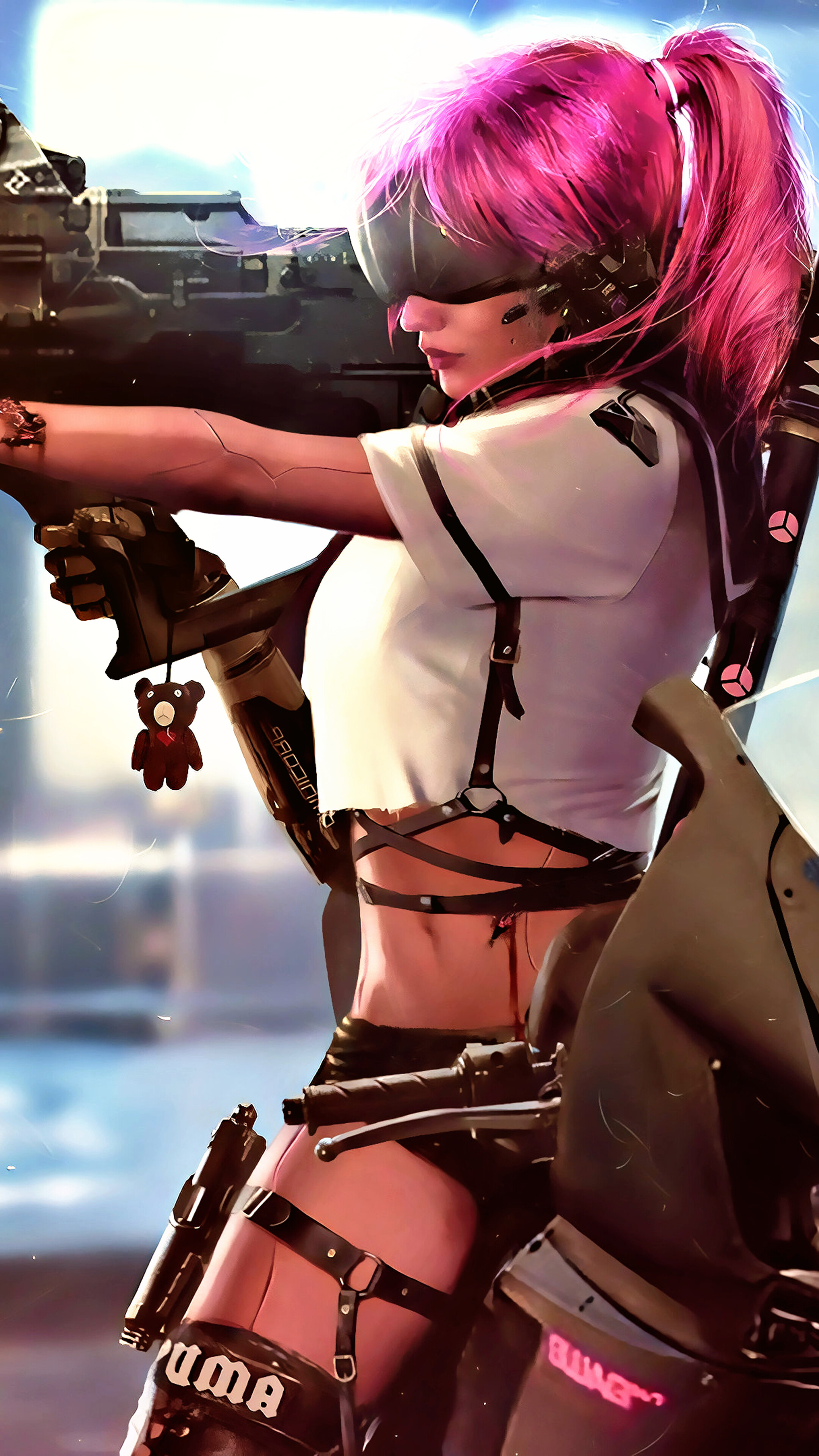 Cyberpunk Girl with Cannon and Motorcycle 4K HD Phone Wallpaper