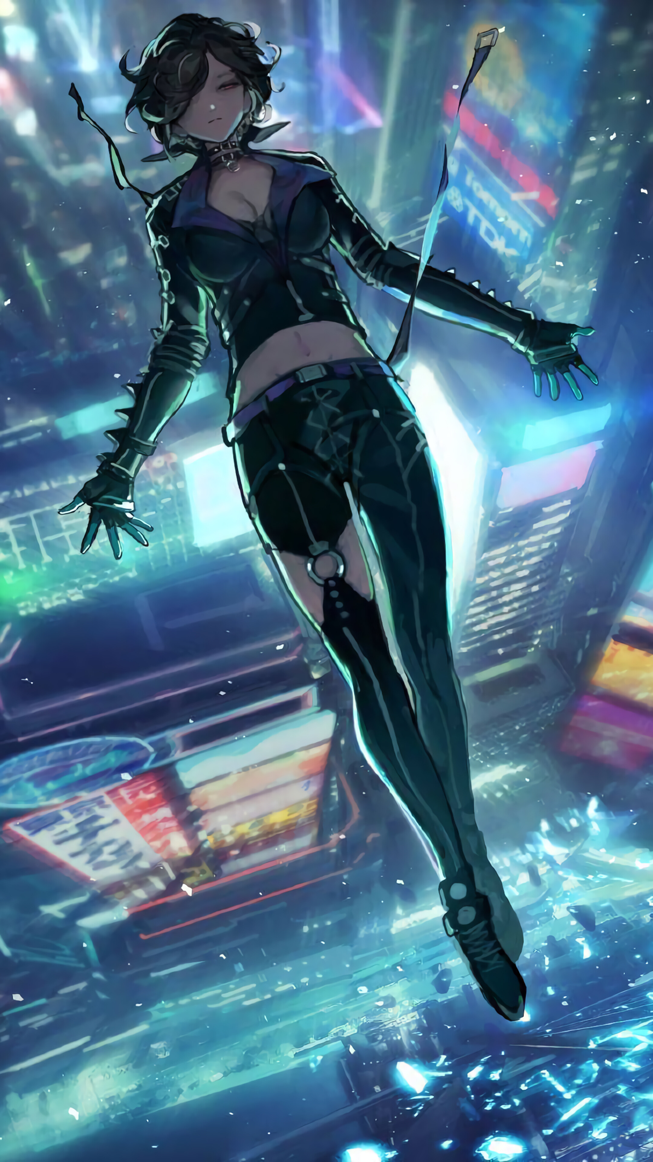 Girl in Cyberpunk City at Night 4K HD Phone Wallpaper