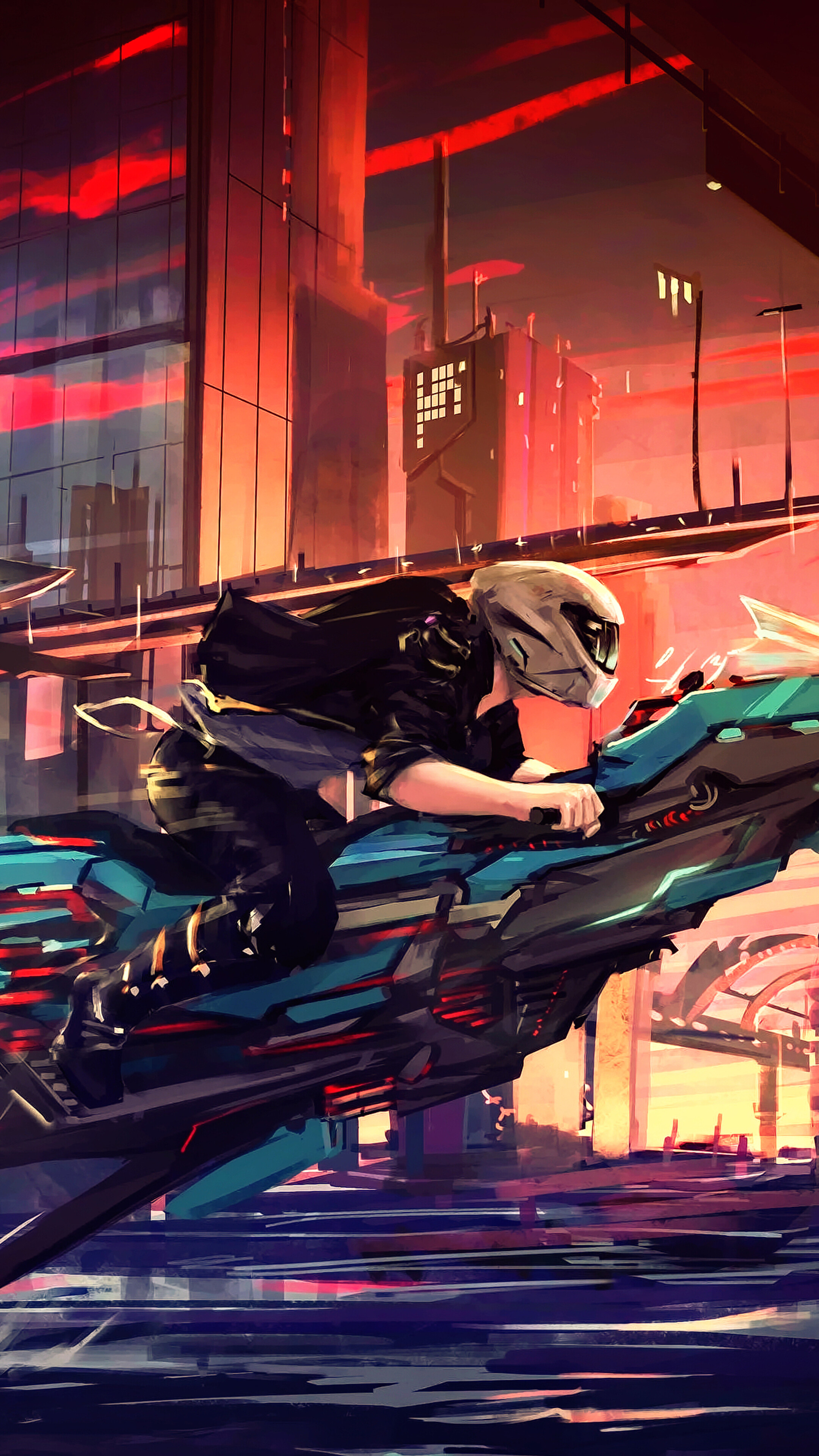 Sci-Fi Art of a Rider on a Futuristic Motorcycle in a City HD Phone Wallpaper