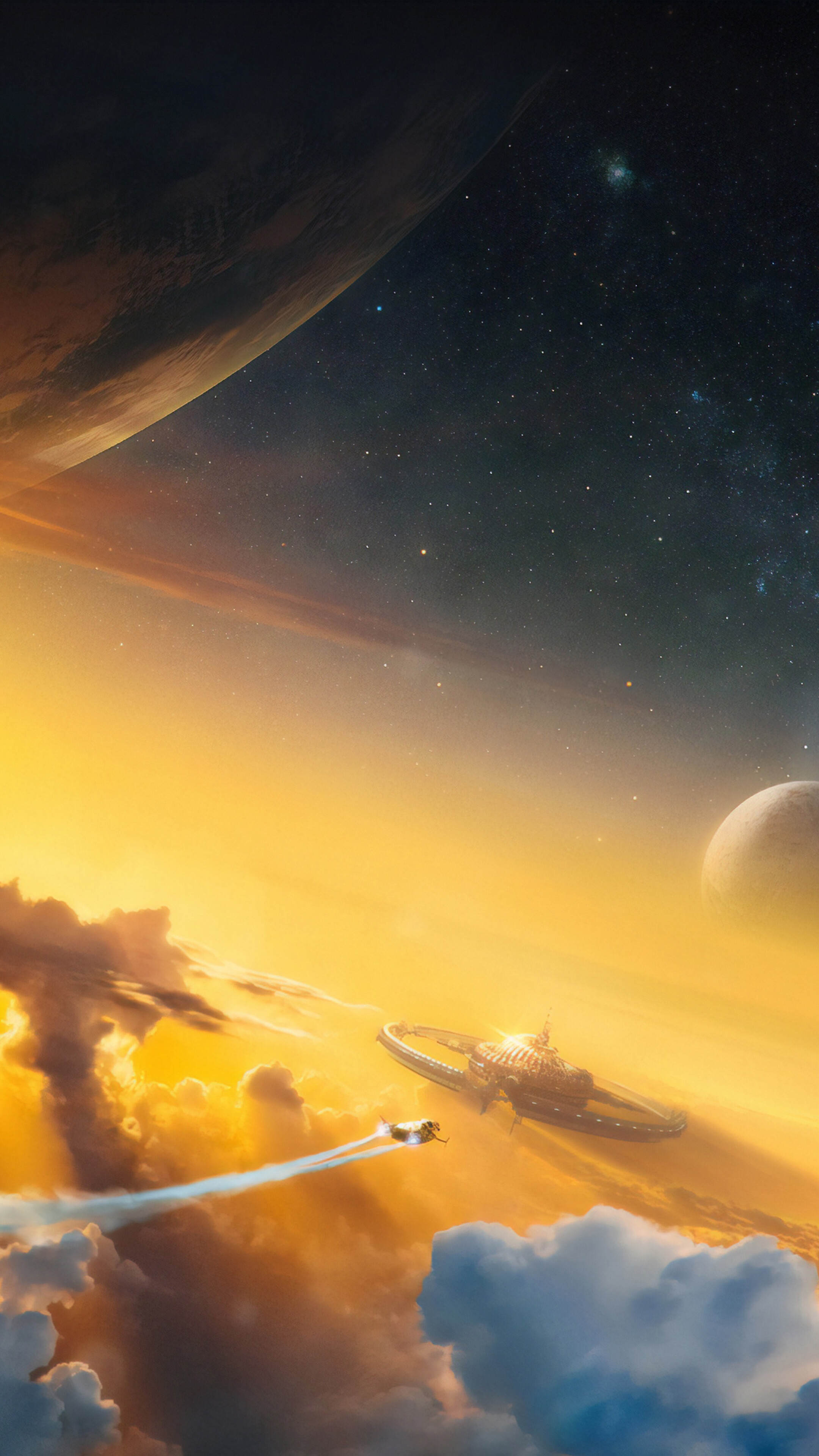 Spaceship near a space station in a nebula HD Phone Wallpaper
