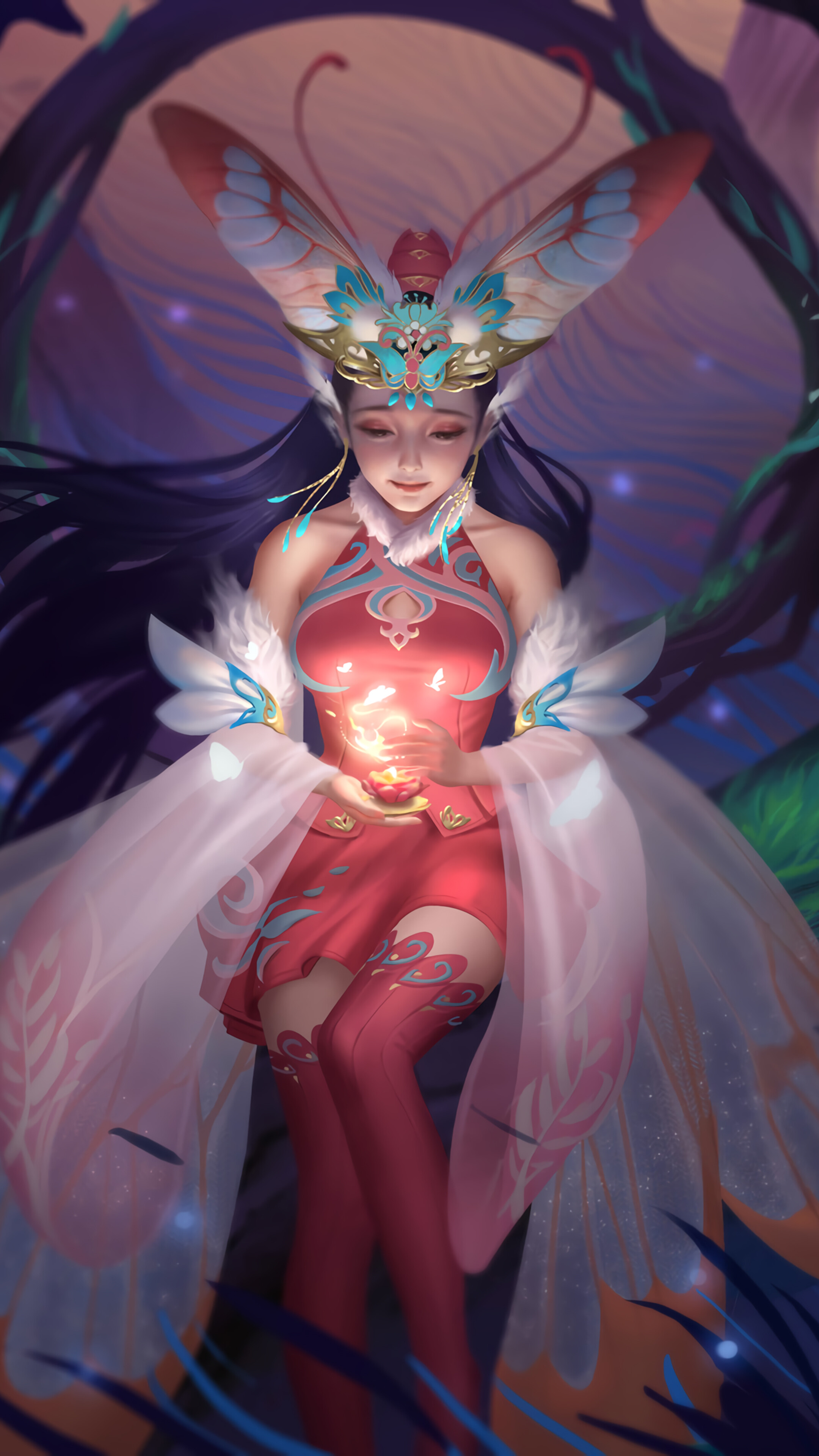 Fantasy girl with butterfly wings holding a glowing orb HD Phone Wallpaper