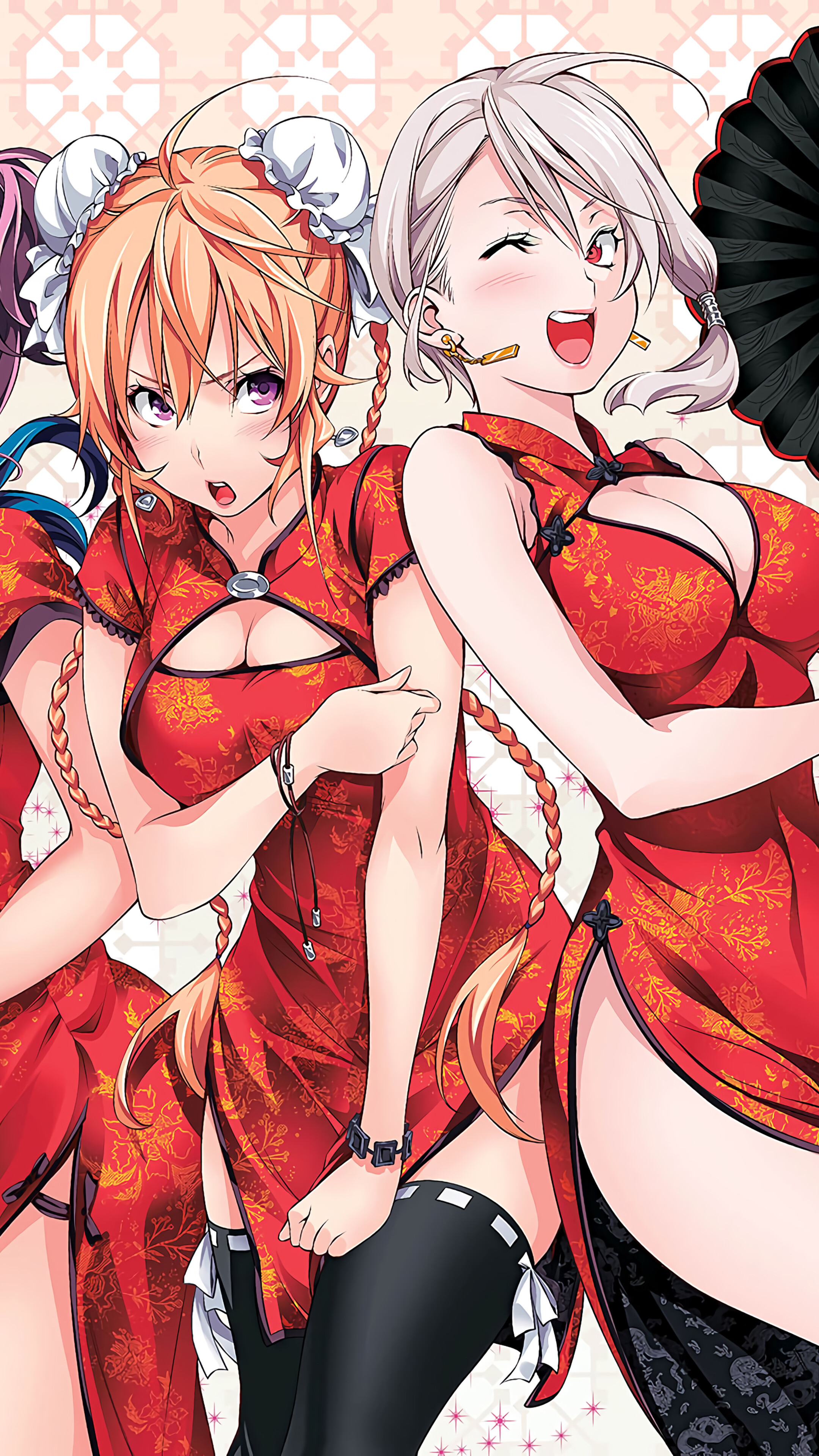Food Wars! Girls in Red Chinese Dresses HD Phone Wallpaper
