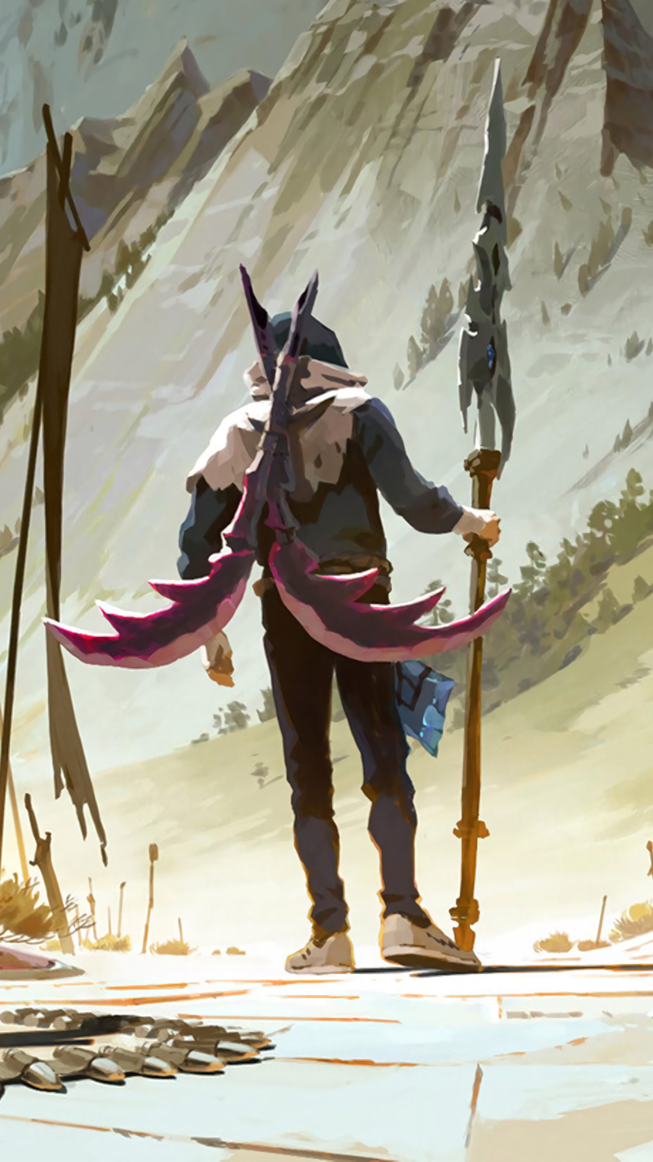 Character from League of Legends with weapons and staff HD Phone Wallpaper
