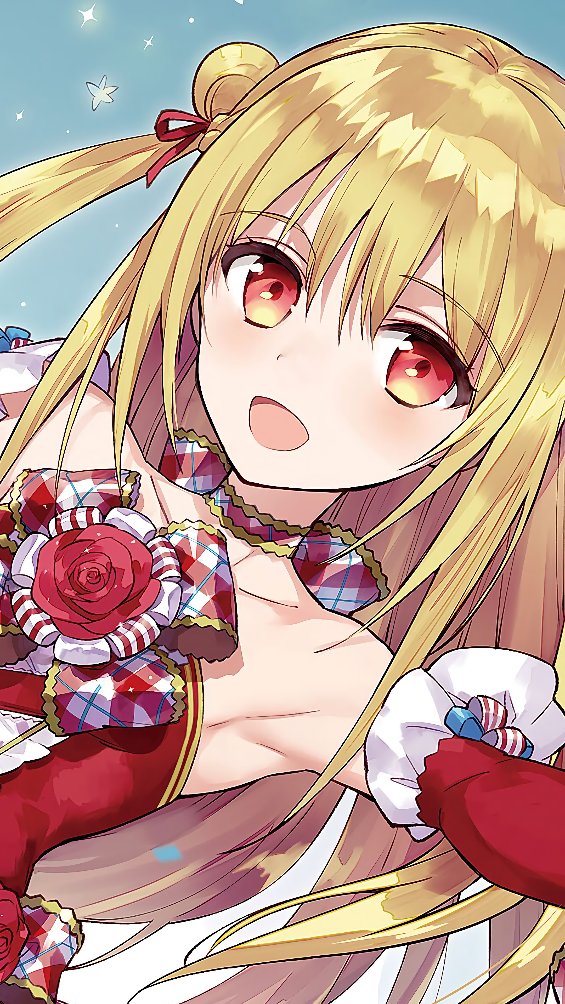 Anime girl with blonde hair and red eyes HD Phone Wallpaper