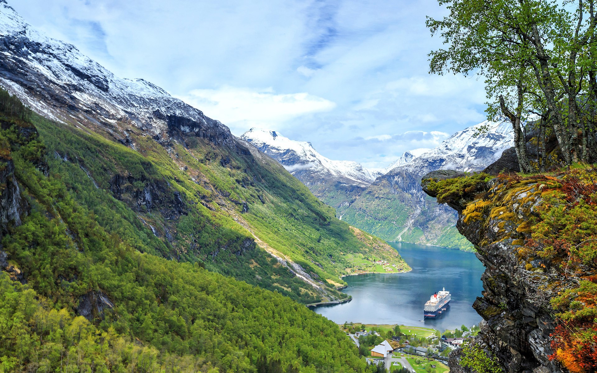 Cruise ship in a Norwegian fjord with snow-capped mountains HD Wallpaper