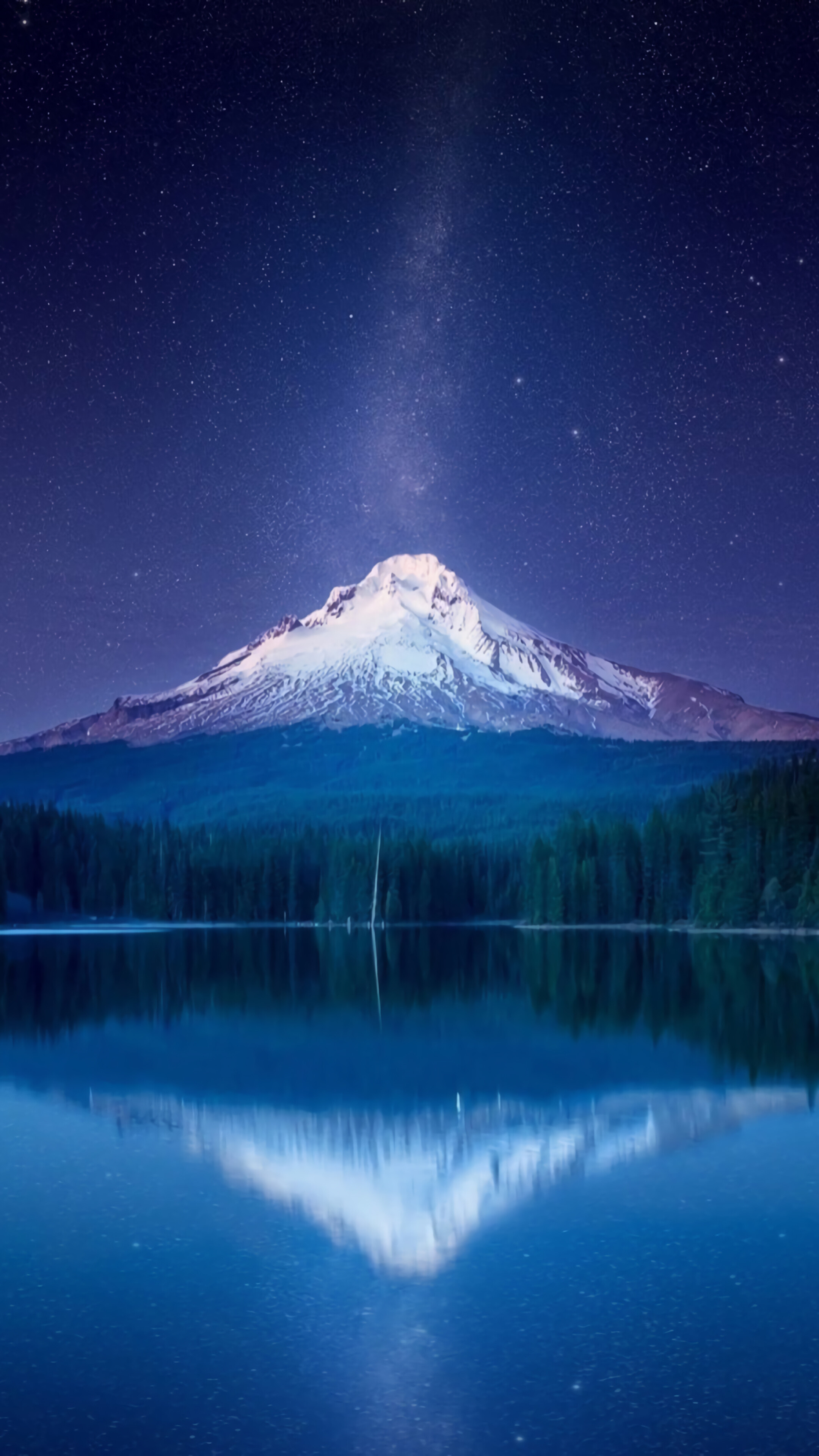 Snowy Mountain Reflecting in Lake Under Starry Night Sky 4K HD Phone Wallpaper