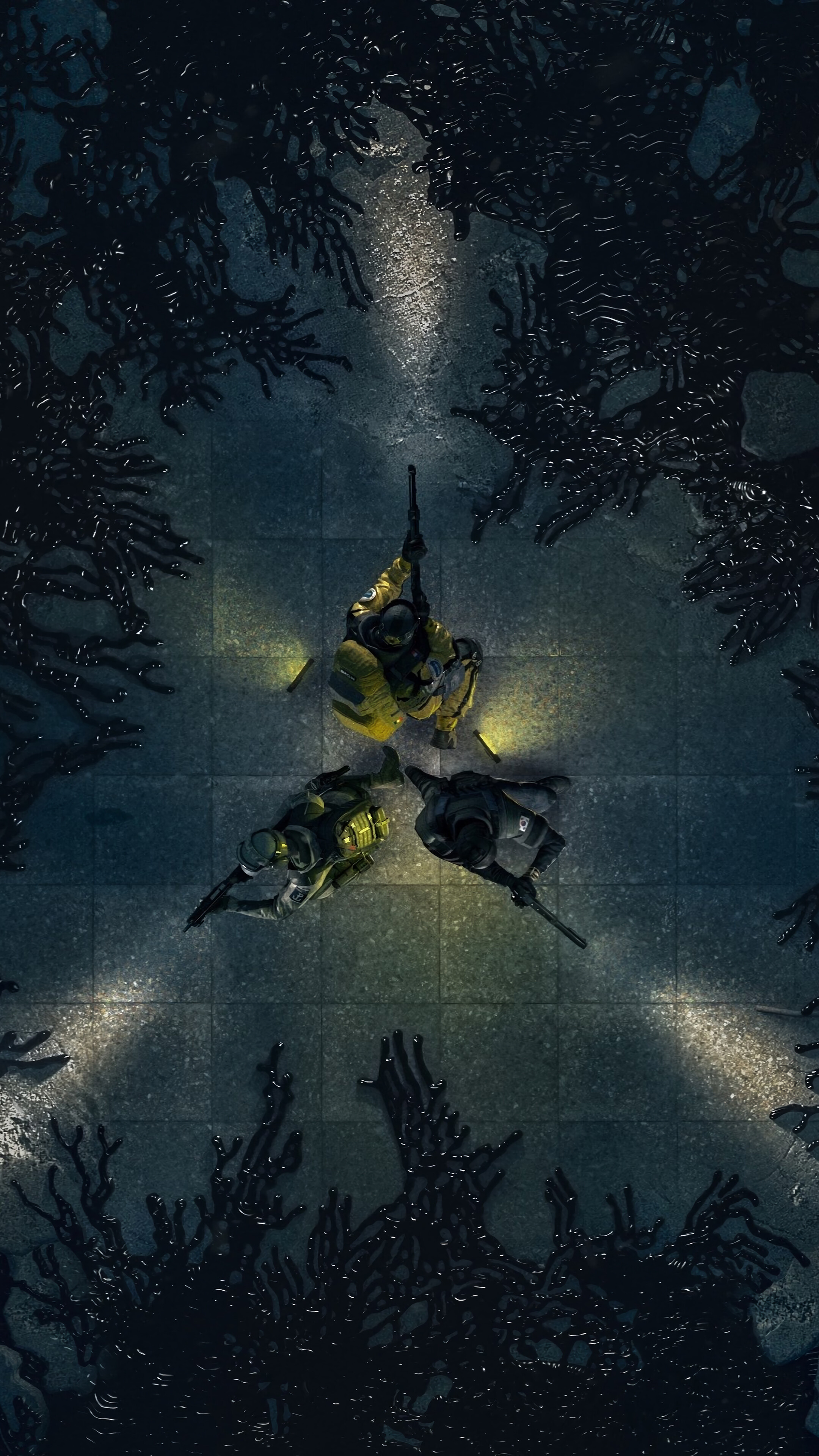 Three soldiers in tactical gear with rifles in dark environment HD Phone Wallpaper