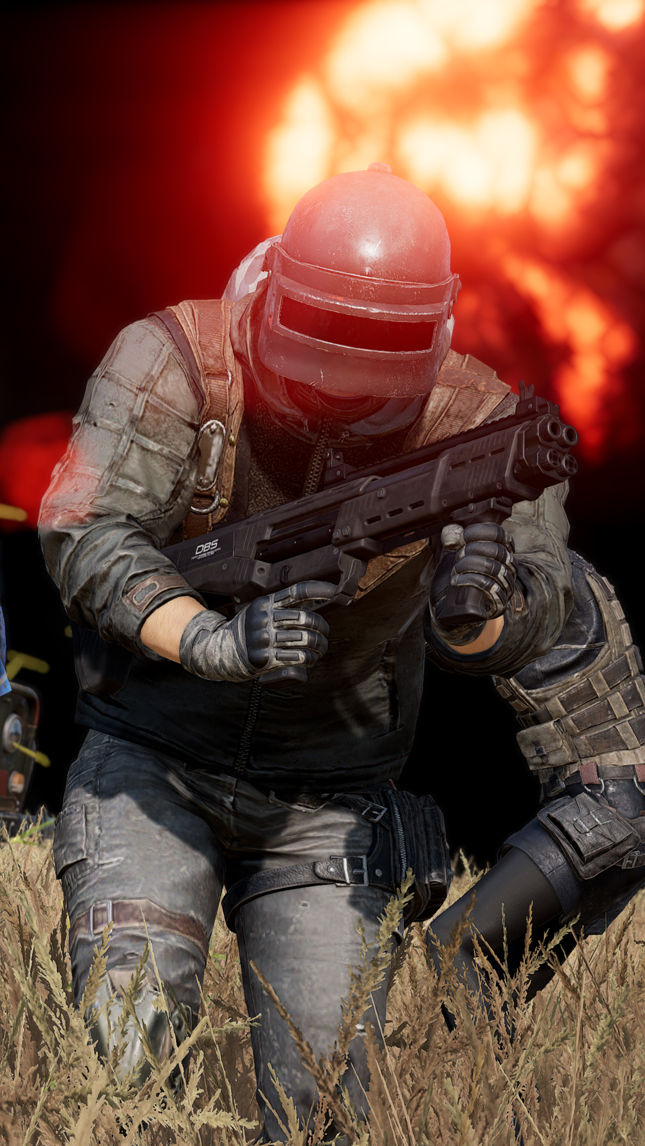 PUBG player with DBS shotgun during explosion HD Phone Wallpaper