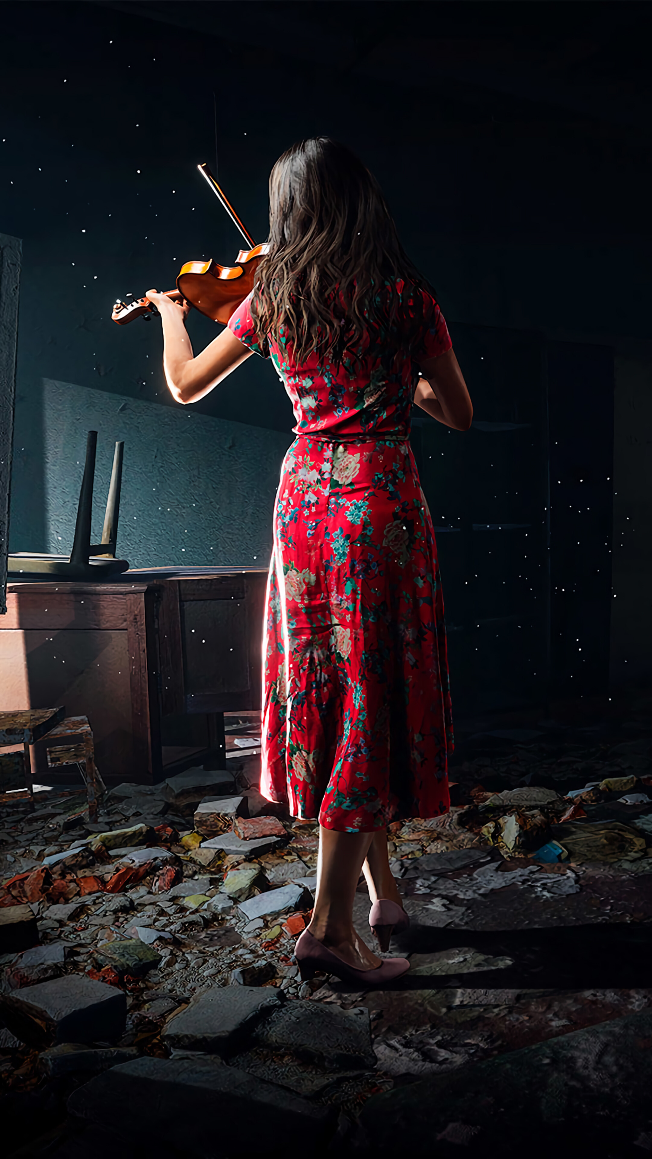 Woman playing violin in Chernobylite 4K HD Phone Wallpaper