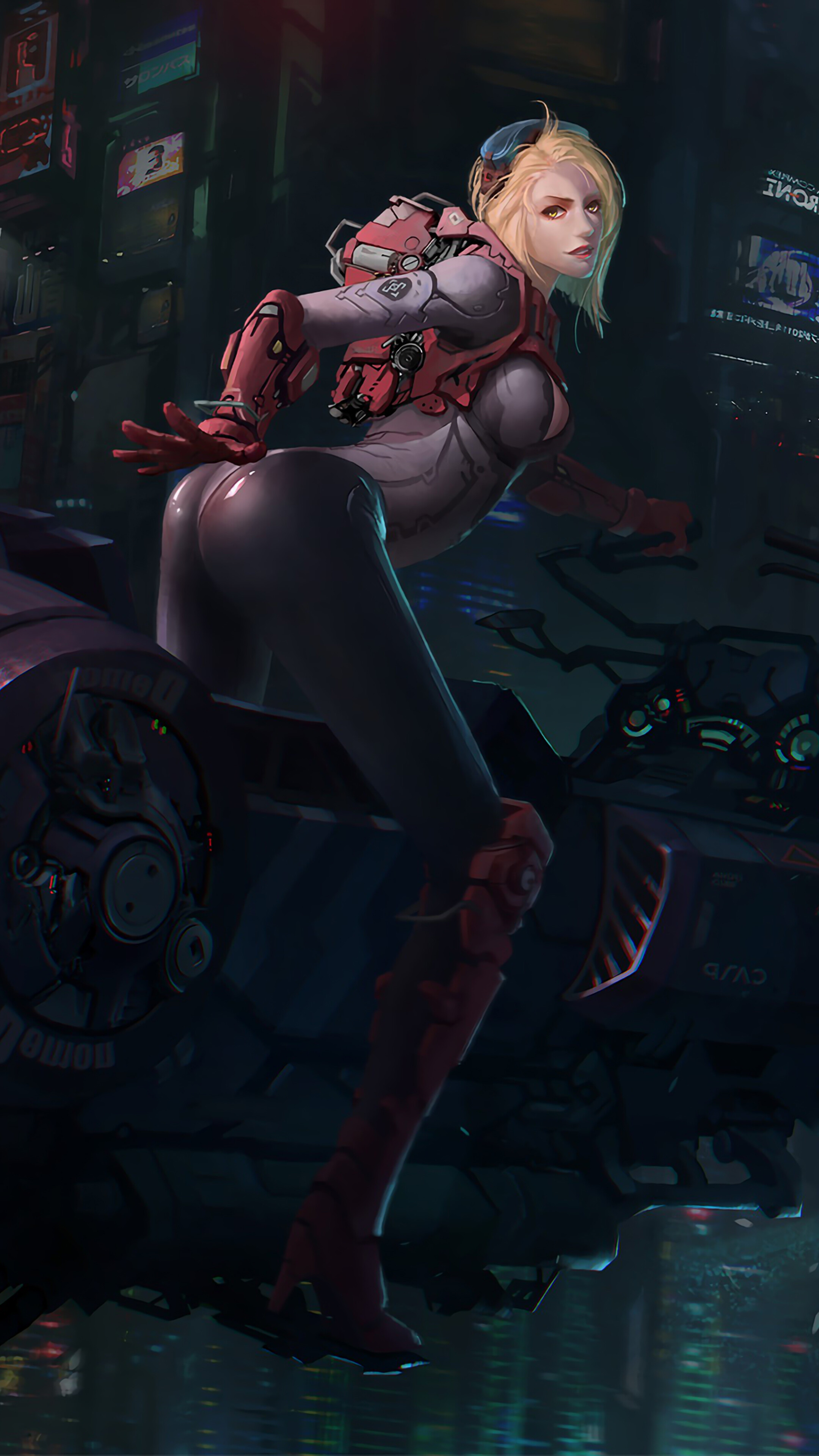 Sci-Fi Girl on Motorcycle in Neon City 4K HD Phone Wallpaper