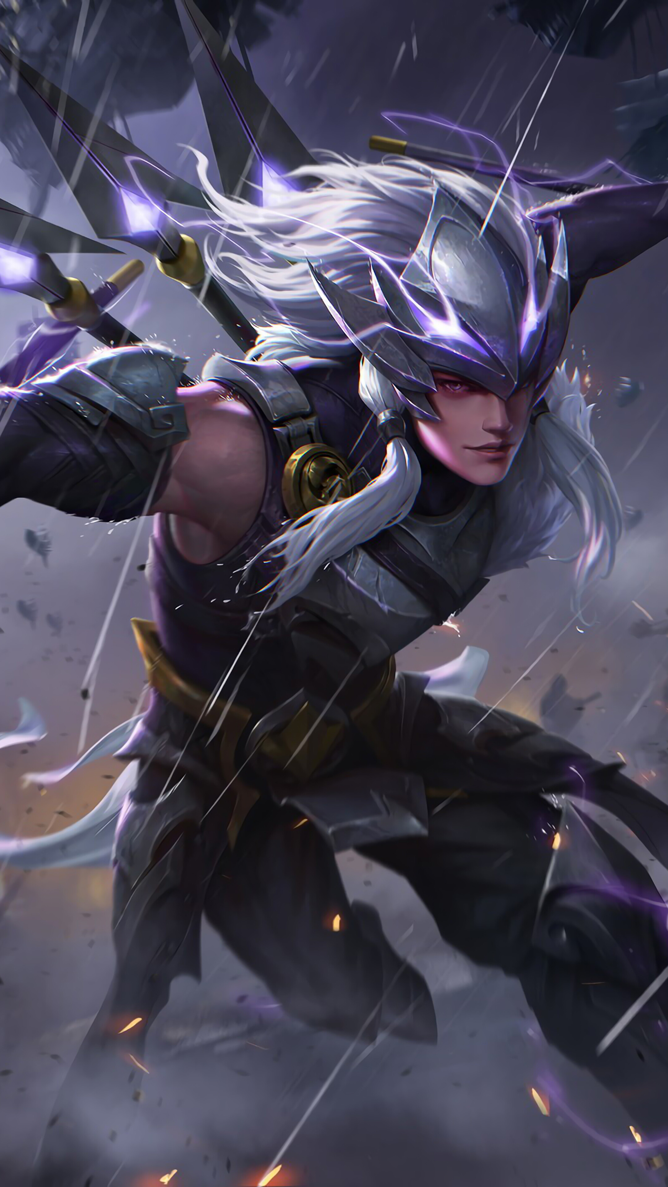 Fantasy Warrior with White Hair and Purple Accents HD Phone Wallpaper
