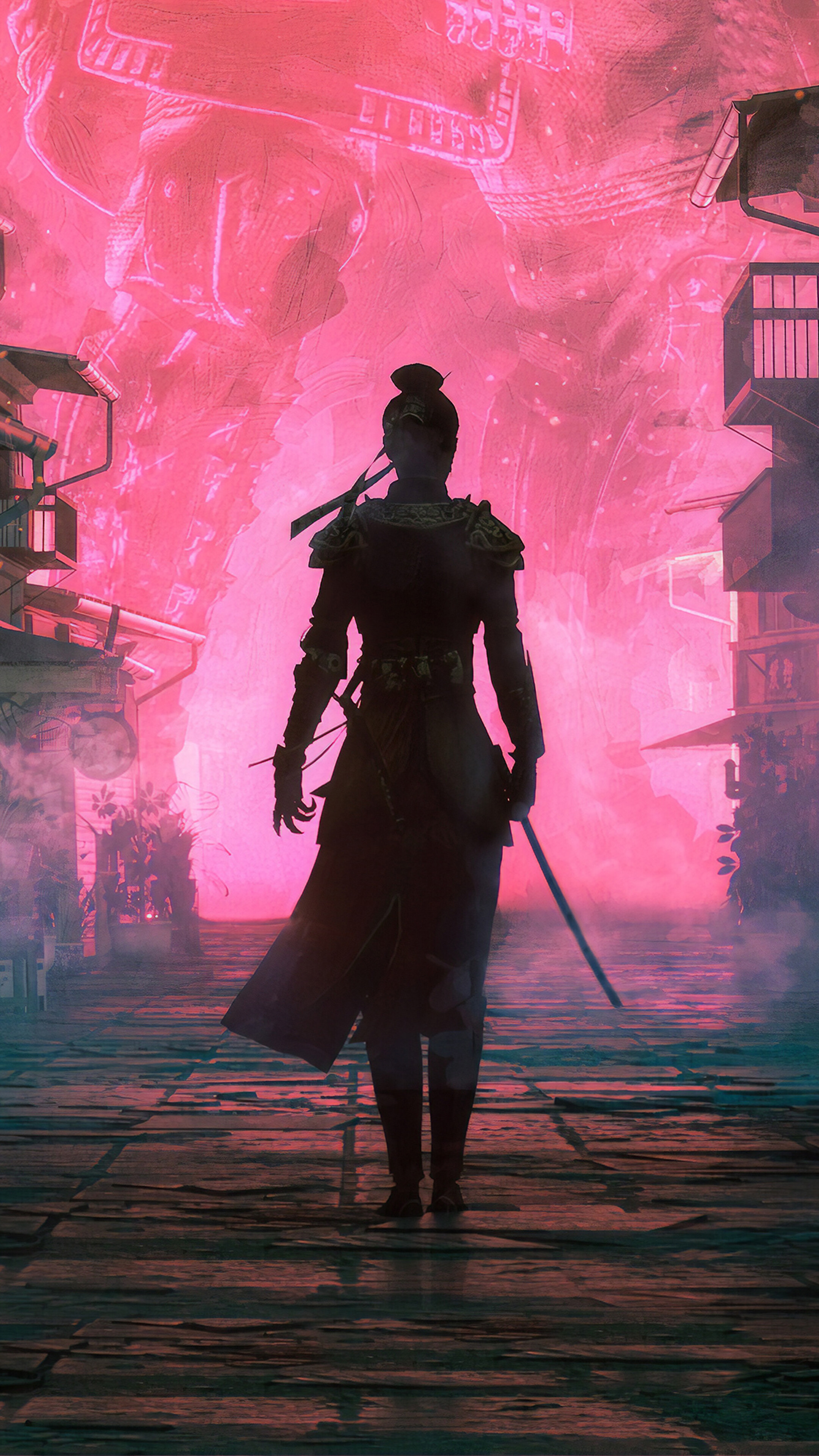 Fantasy Warrior in Pink City 4K HD Phone Wallpaper