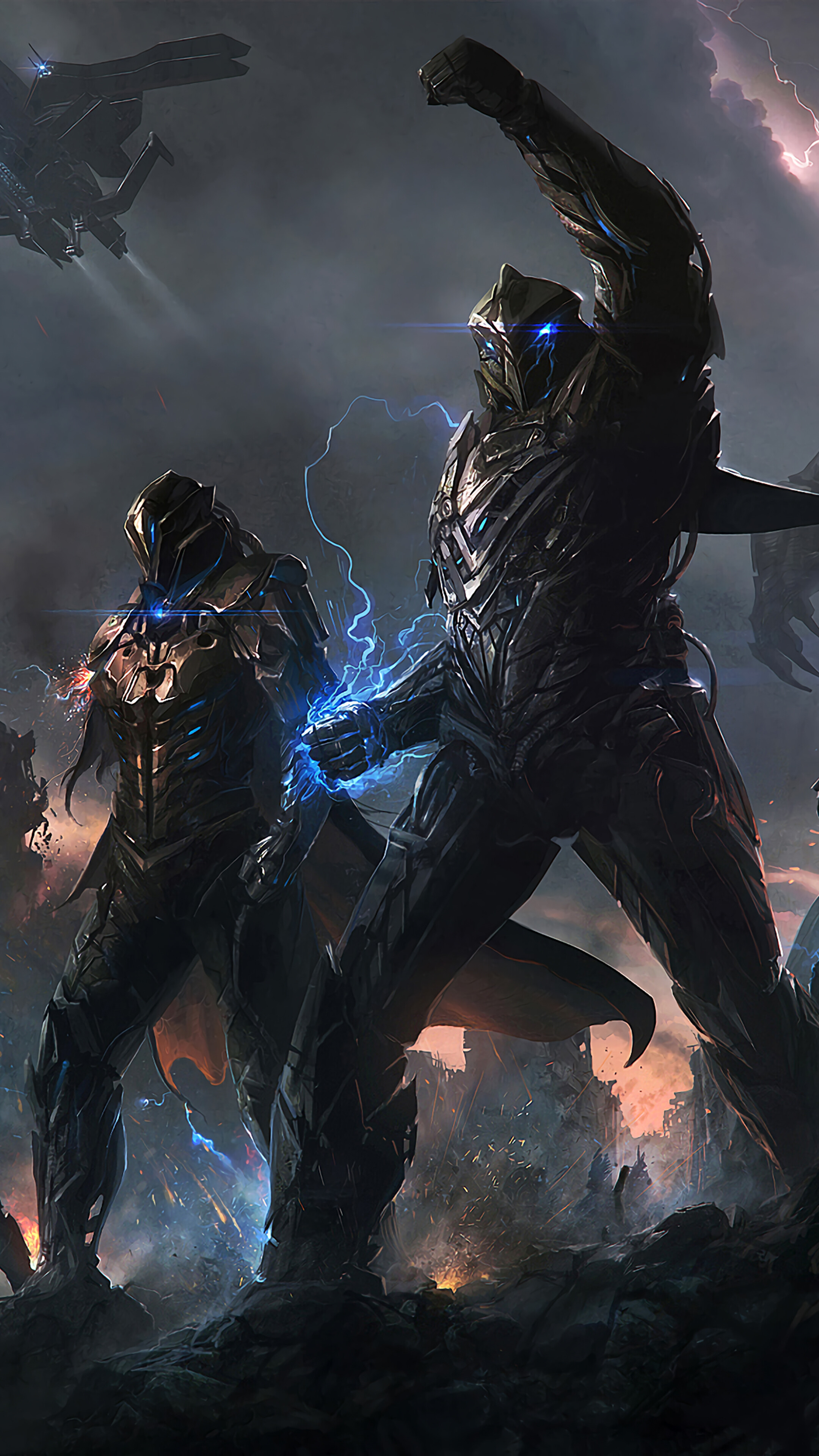 Two armored soldiers with blue glowing eyes in a stormy landscape HD Phone Wallpaper