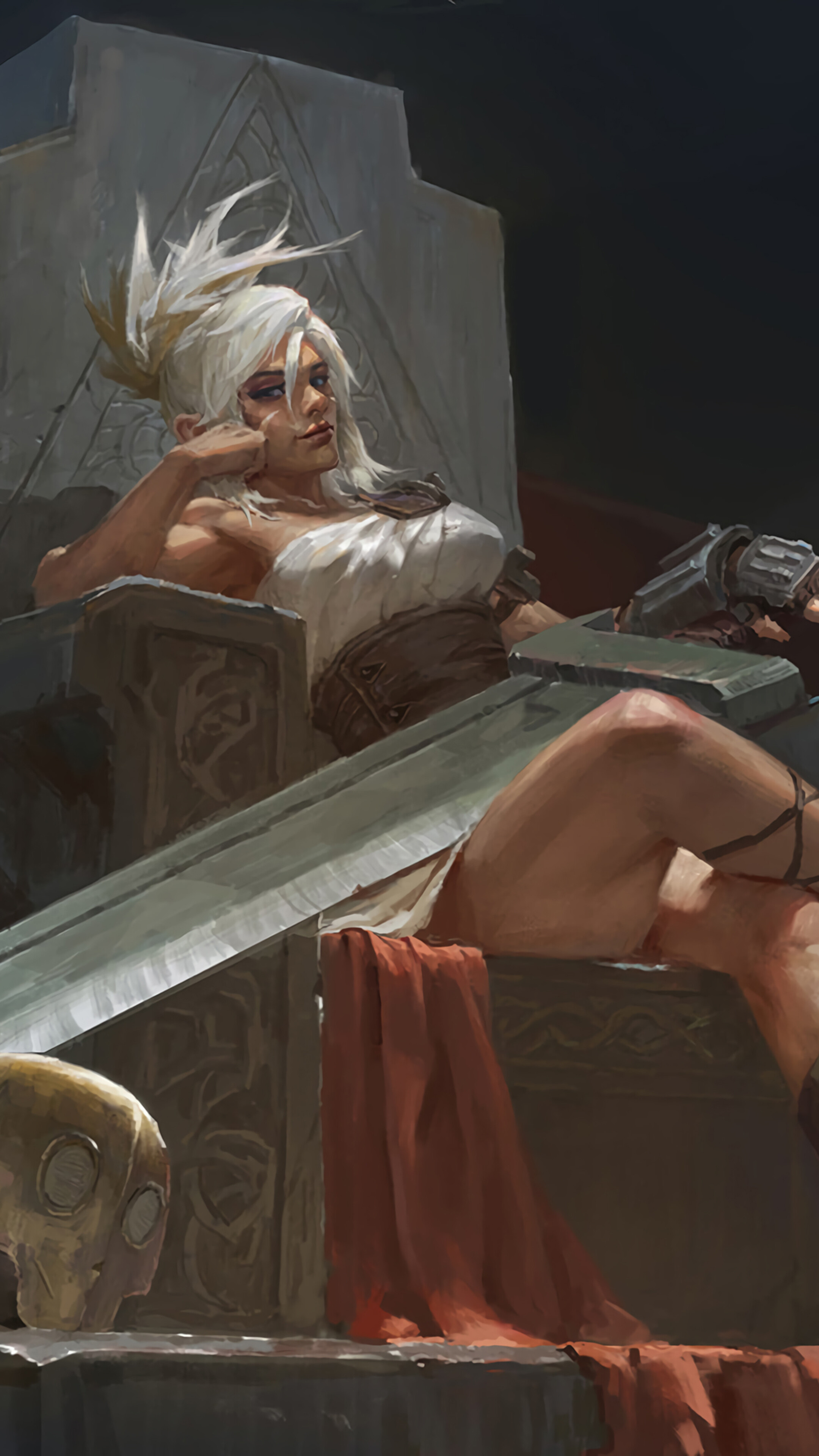 Riven from LoL on a throne with a sword HD Phone Wallpaper